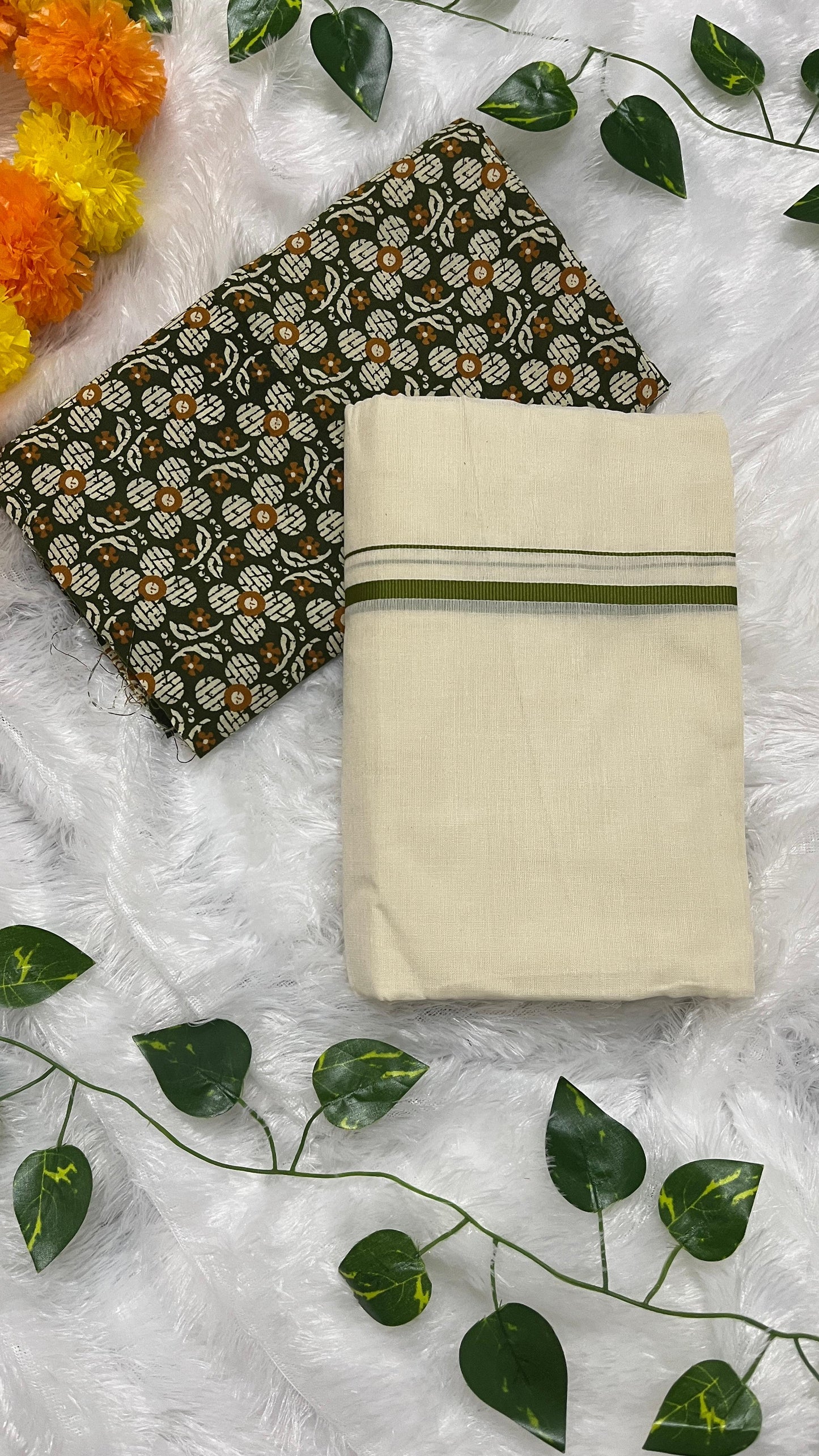 Puliyilakara – Kerala Set Mundu with Light Green Border & Blouse