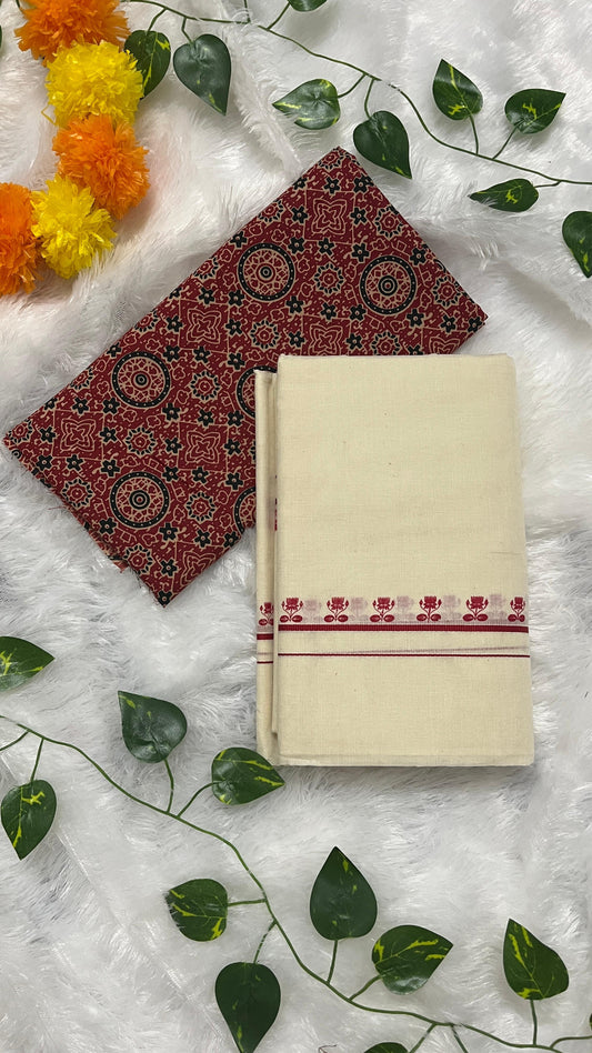 Puliyilakara –  Red Border with Lotus print set mund