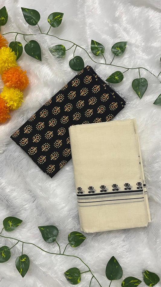 Puliyilakara –  Black Border with Lotus print set mund
