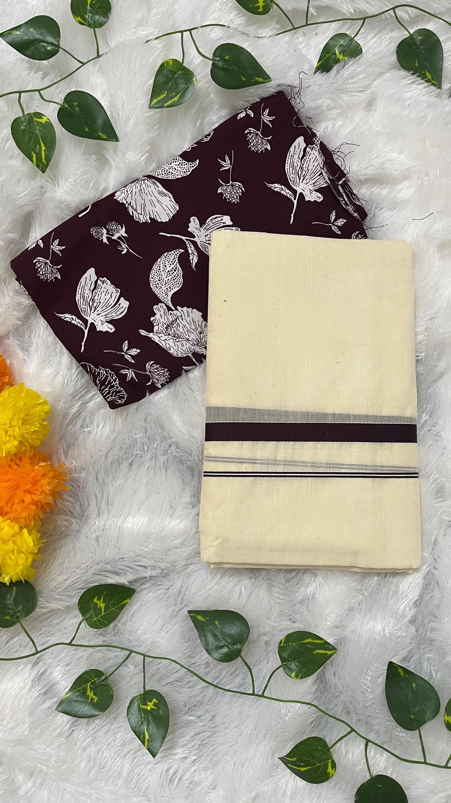 Kerala Set Mundu with Indigo Border with blouse