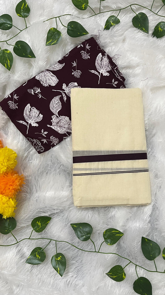 Kerala Set Mundu with Indigo Border with blouse