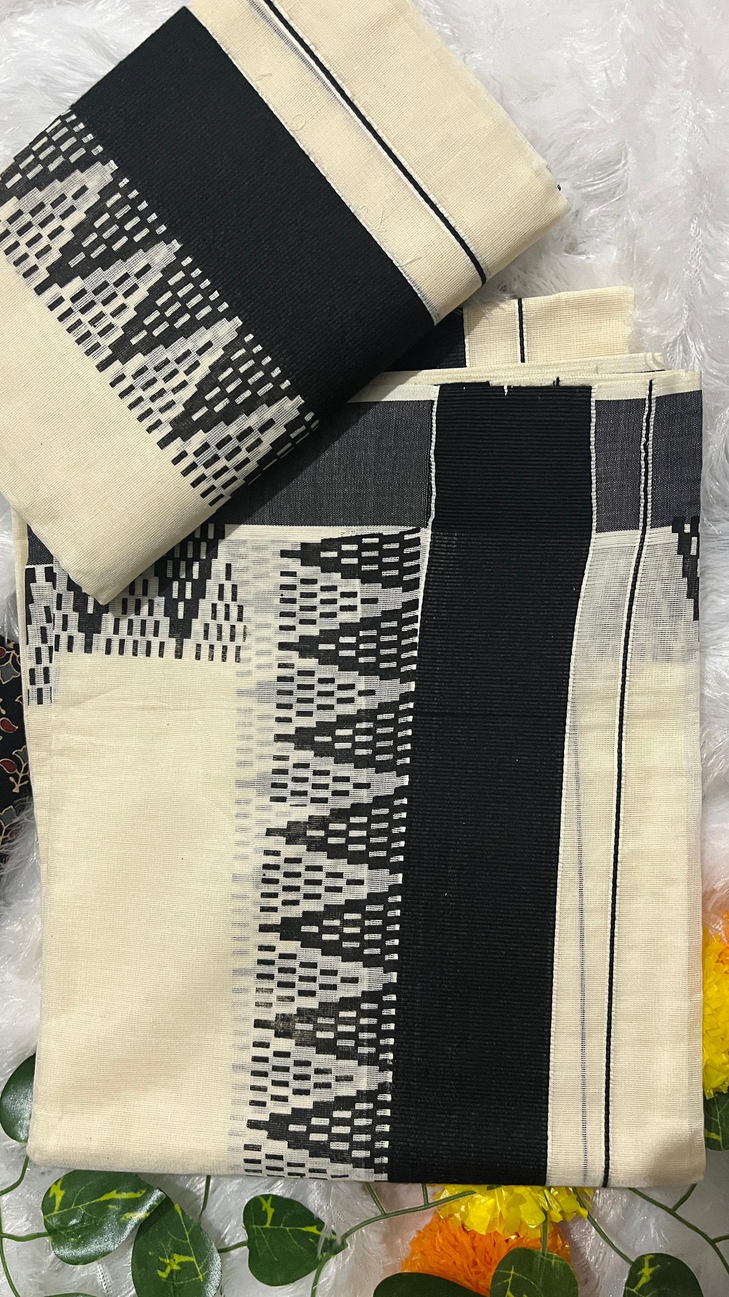 Kerala Set Mundu with Black big Temple Border