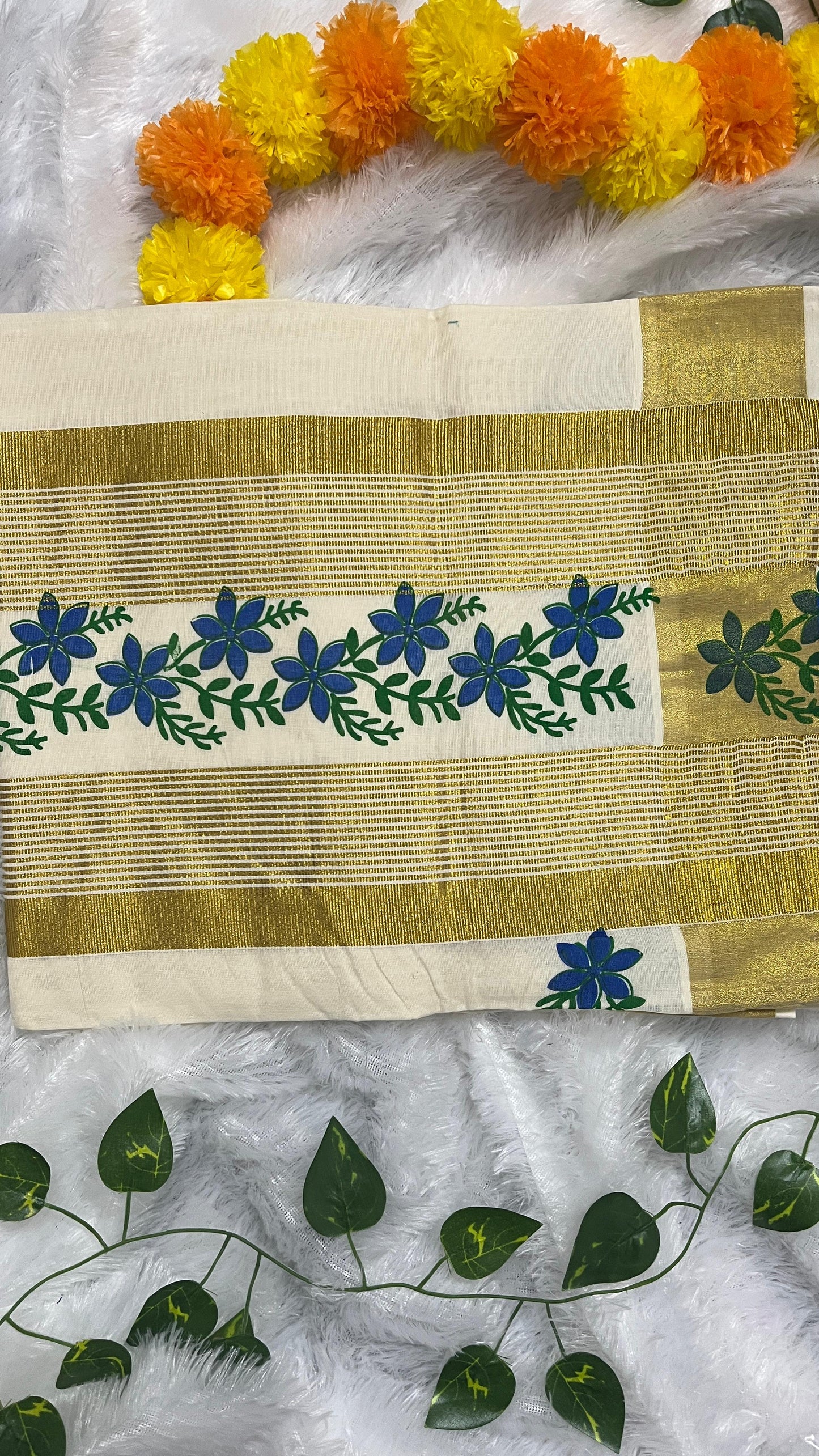 Neerthamara – Blue Floral Print Kerala Saree