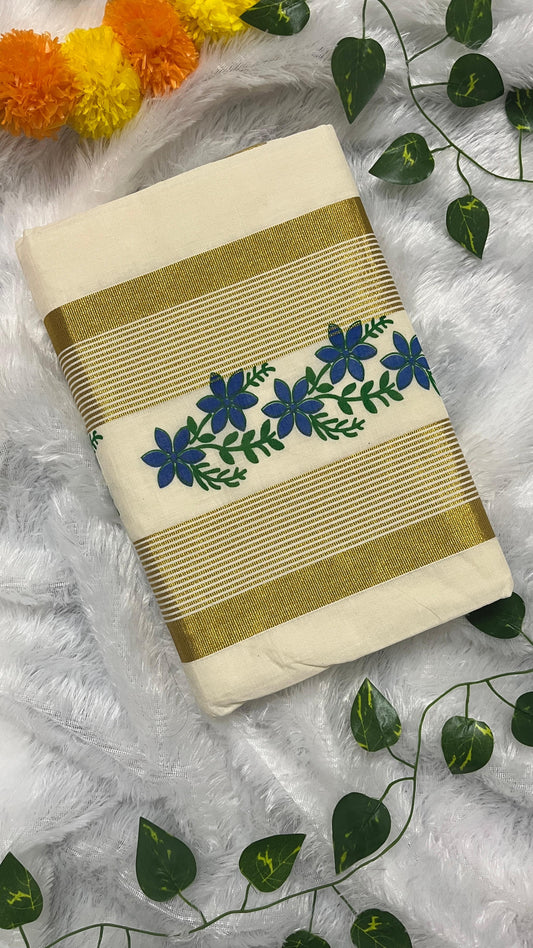 Neerthamara – Blue Floral Print Kerala Saree