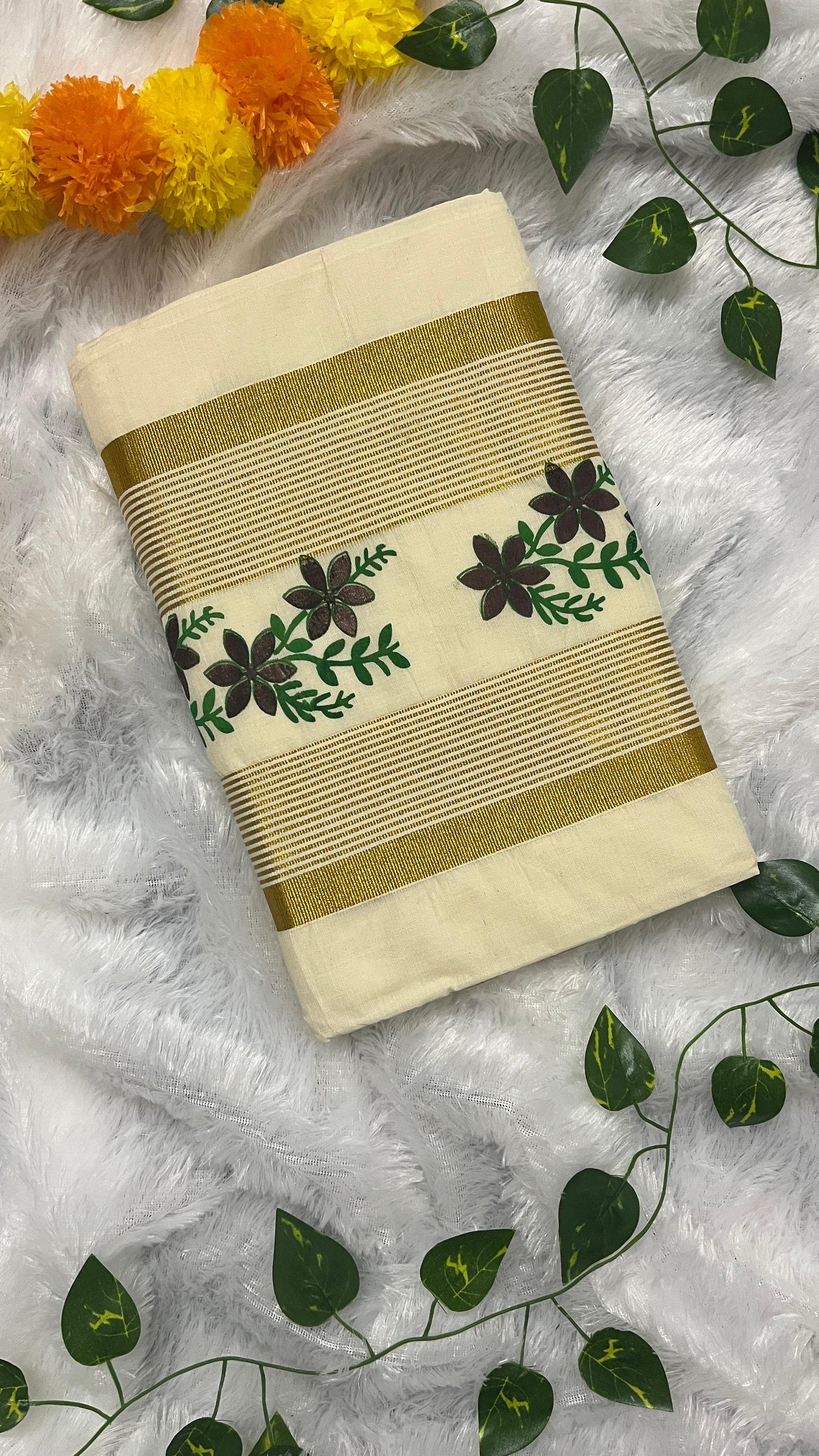 Alliyambal – Brown Lotus Print Kerala Saree