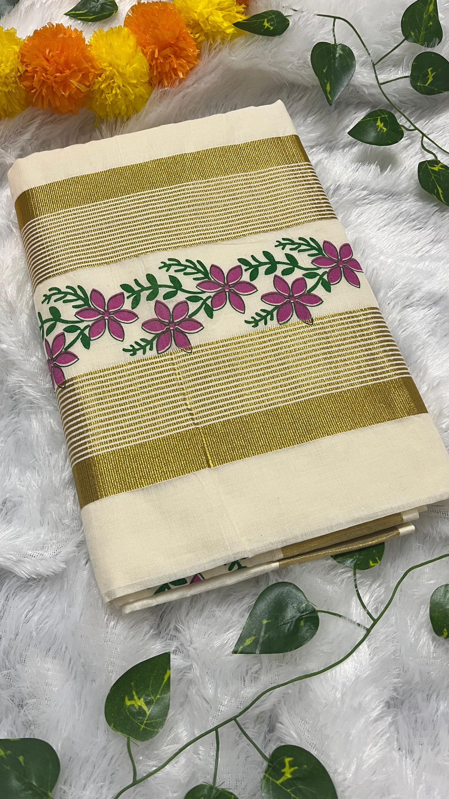 Pavizha Malli – Pink Floral Print Kerala Saree