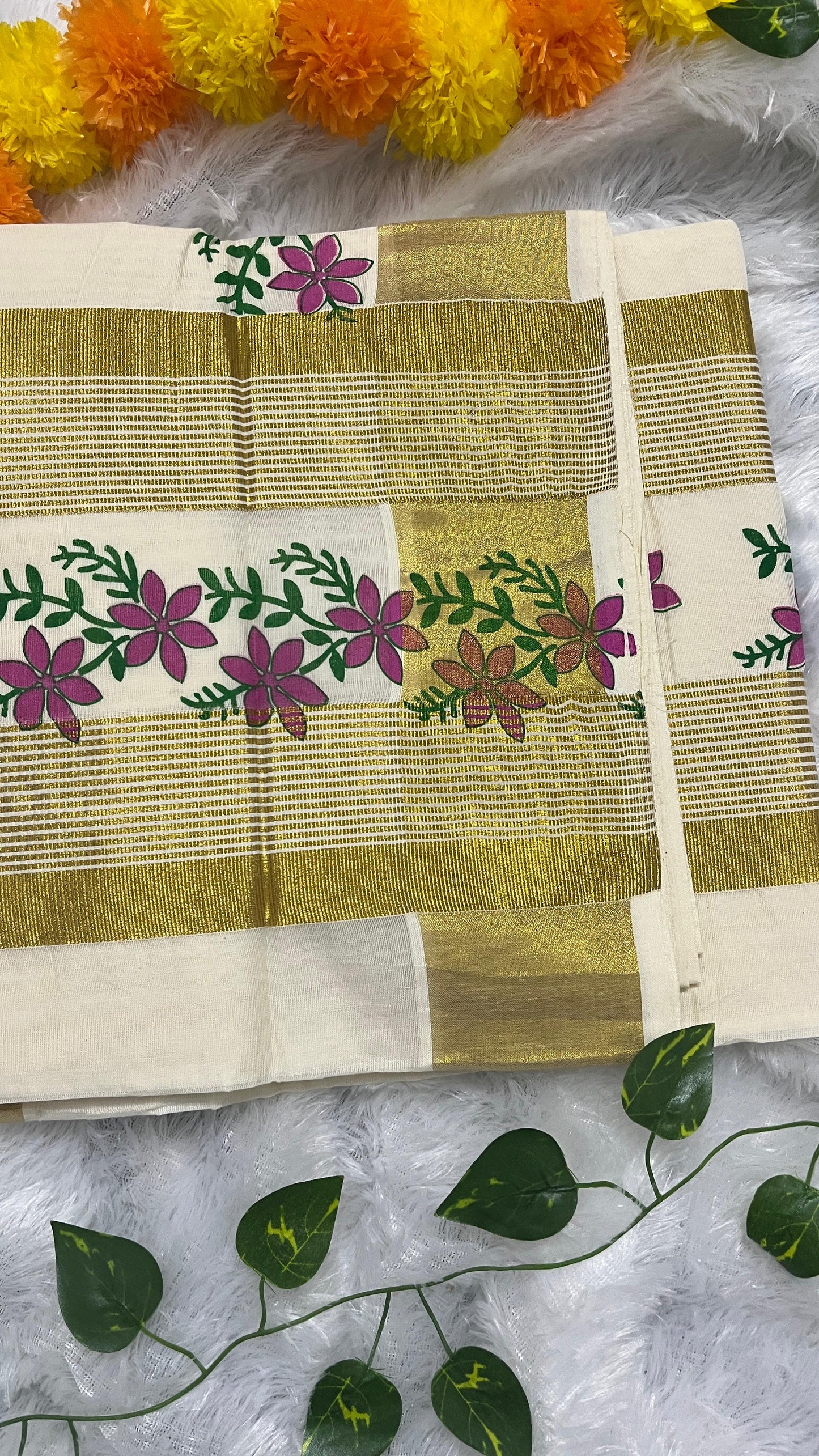 Pavizha Malli – Pink Floral Print Kerala Saree