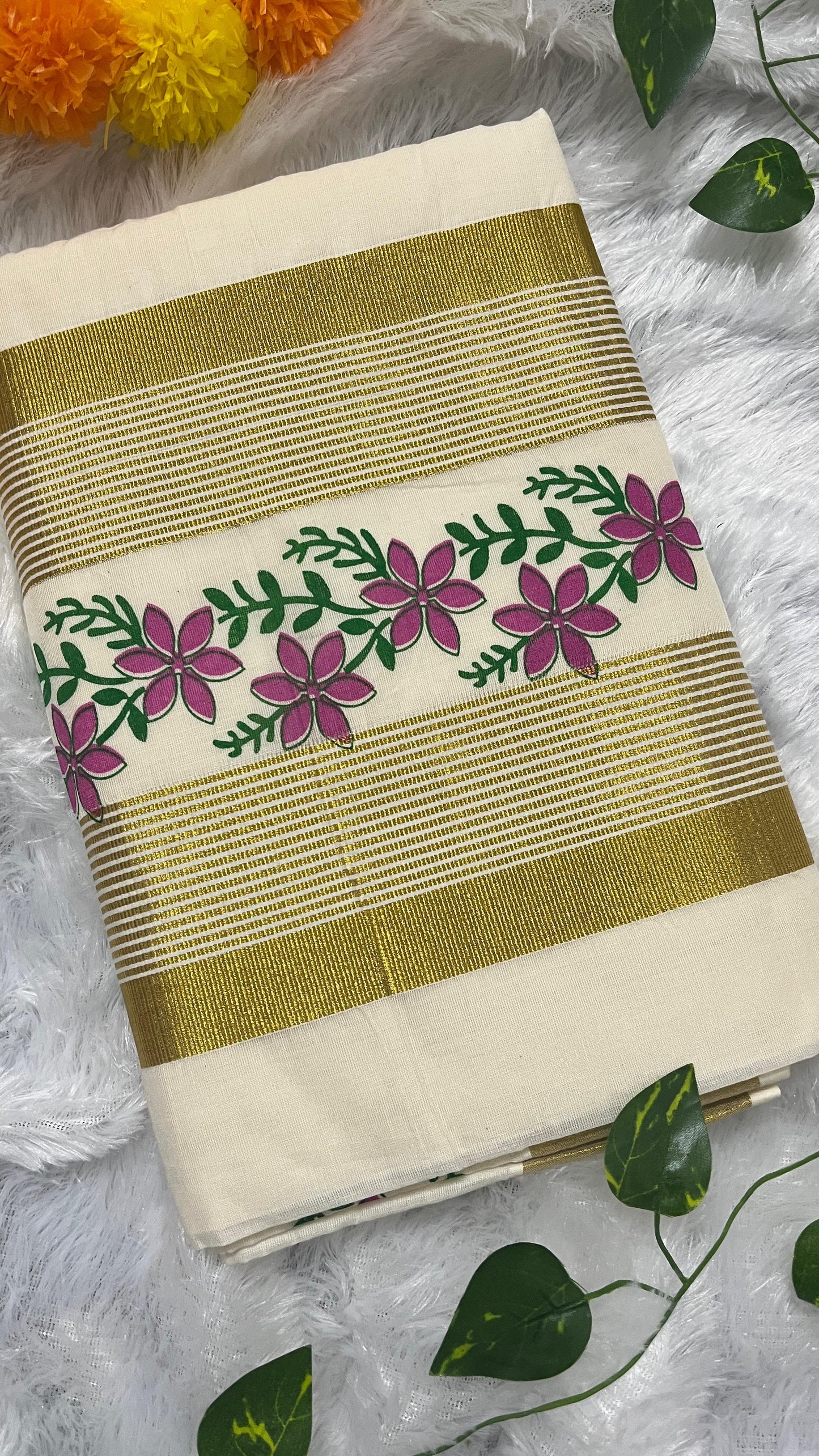 Pavizha Malli – Pink Floral Print Kerala Saree