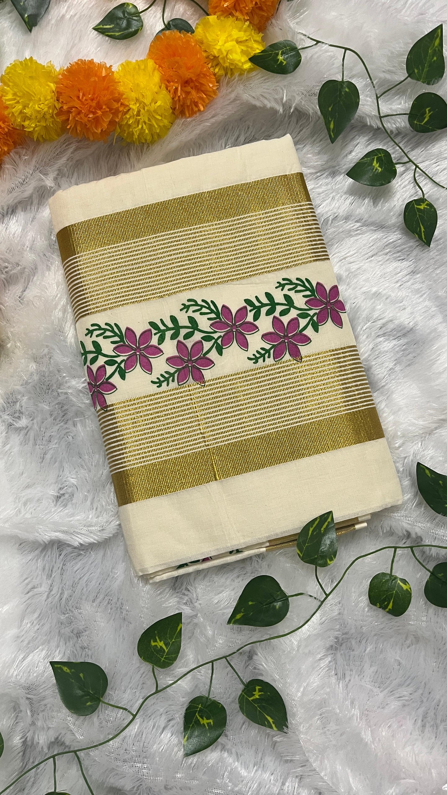 Pavizha Malli – Pink Floral Print Kerala Saree