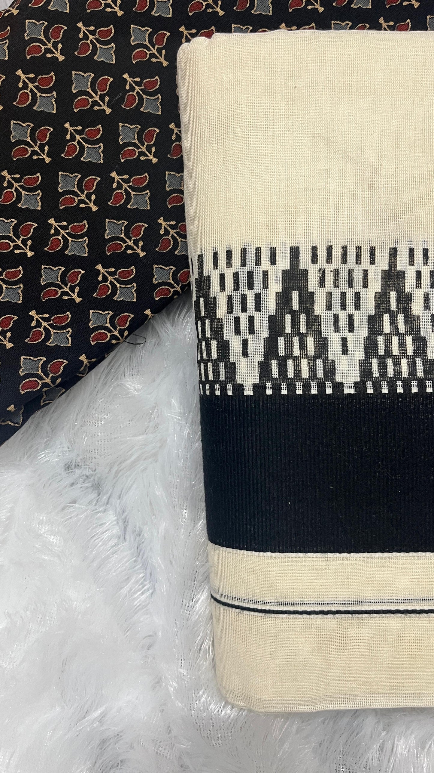 Kerala Set Mundu with Black big Temple Border