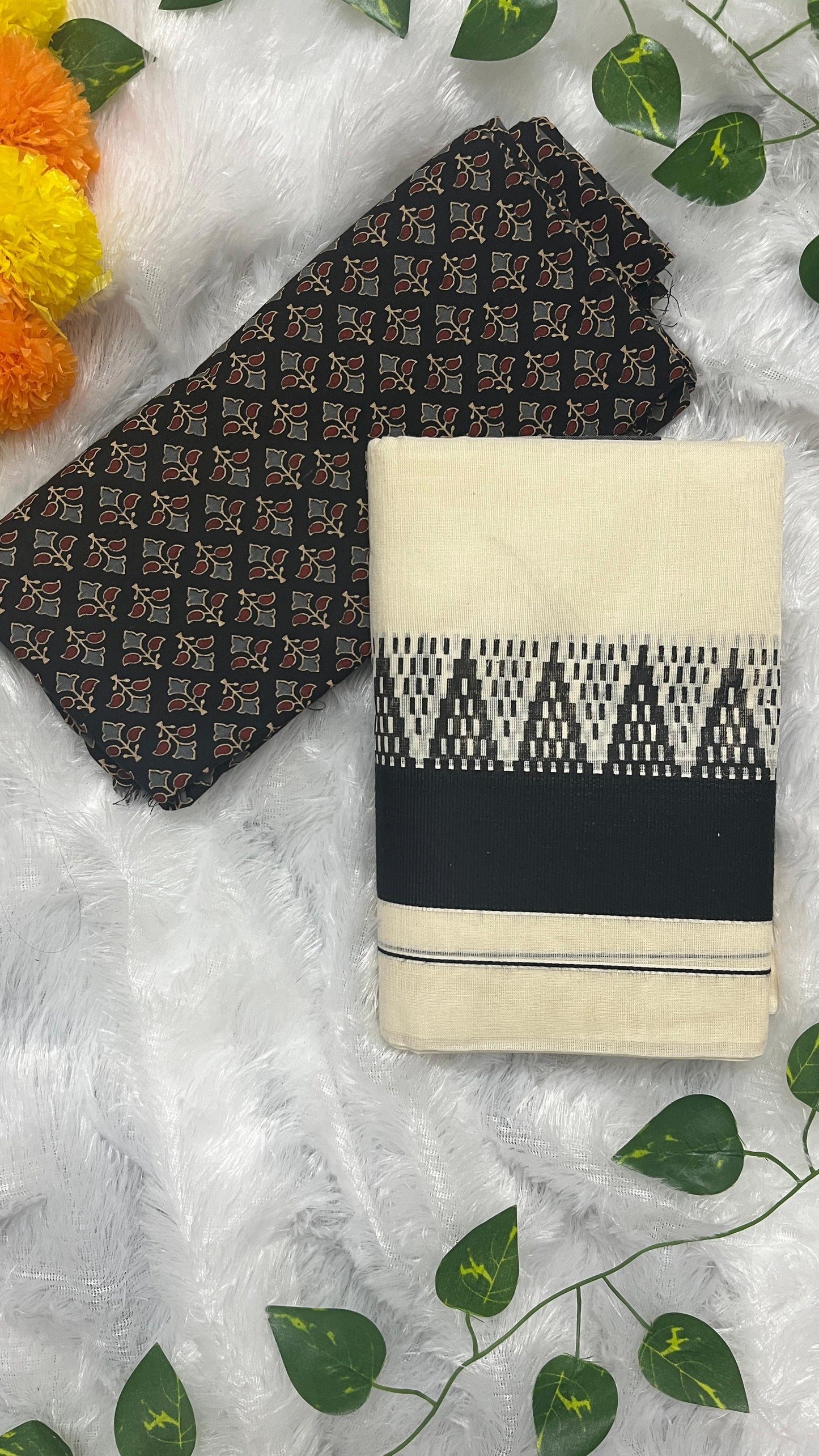 Kerala Set Mundu with Black big Temple Border