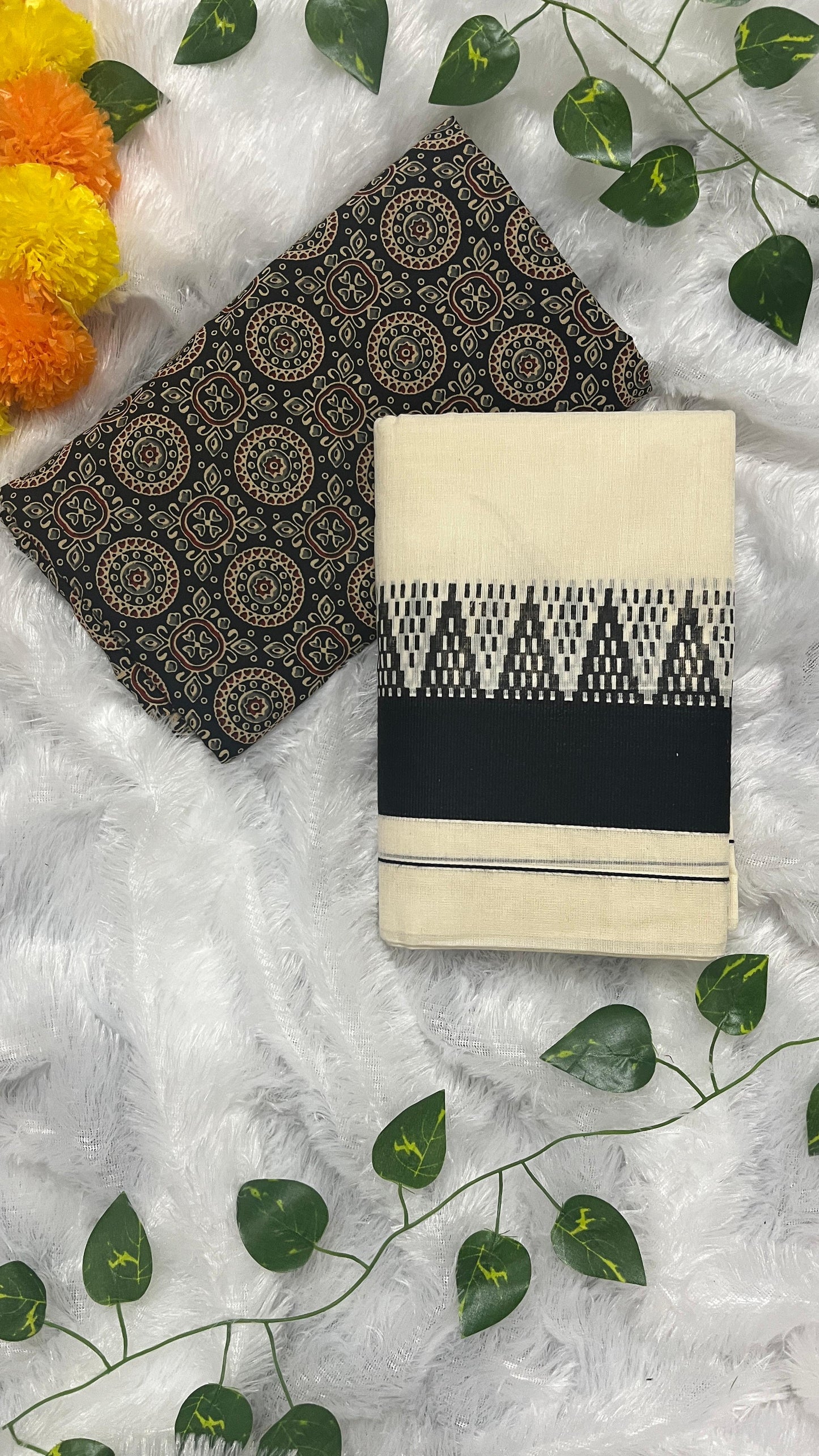 Kerala Set Mundu with Black big Temple Border