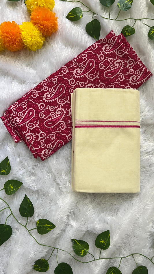 Puliyilakara – Kerala Set Mundu with Magenta border & Blouse