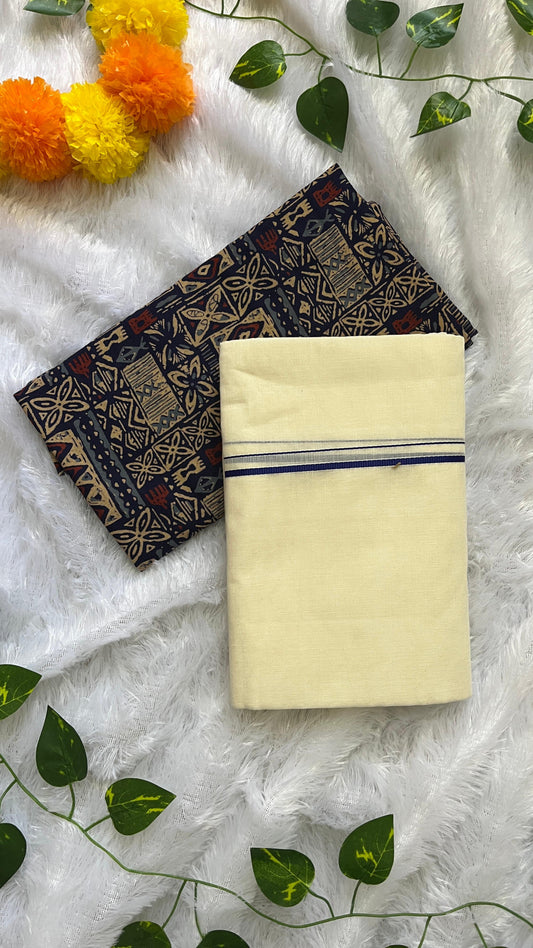 Puliyilakara – Kerala Set Mundu with Royal Blue Border & Blouse