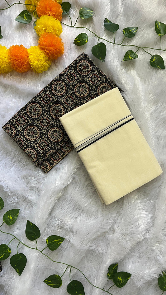 Puliyilakara – Kerala Set Mundu with Black Border & Blouse