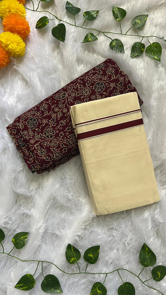 Puliyilakara Kerala Set Mundu Maroon Border with blouse