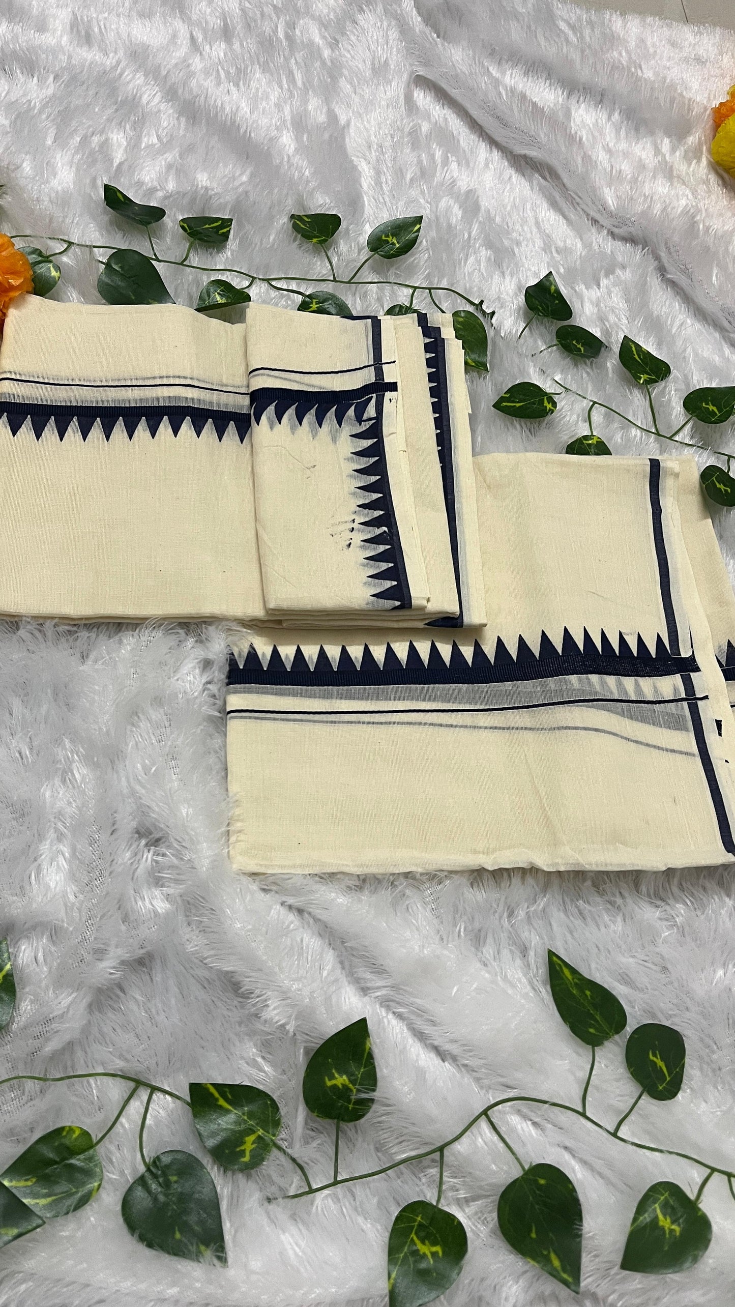 Kerala Set Mundu with Dark Blue Temple Border