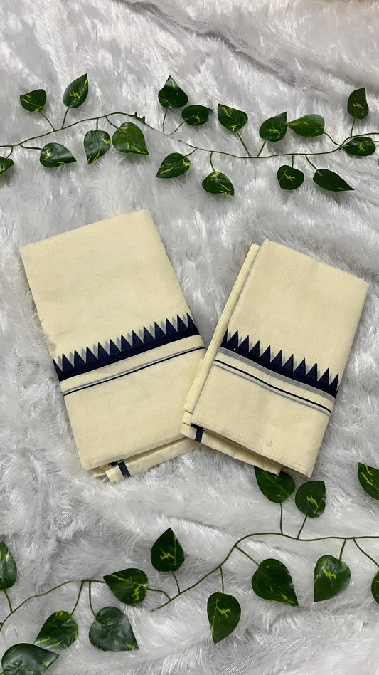 Kerala Set Mundu with Dark Blue Temple Border