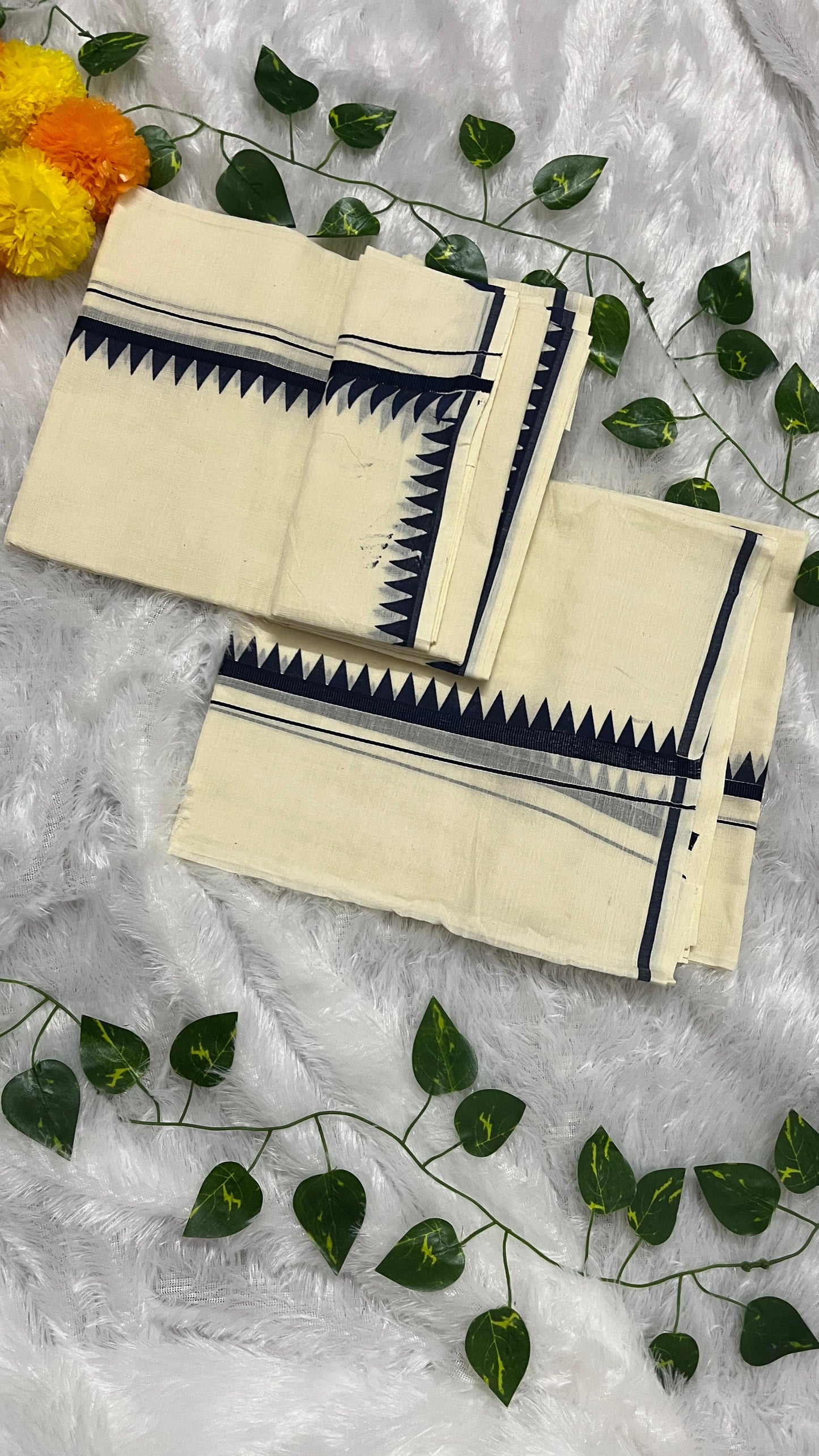 Kerala Set Mundu with Dark Blue Temple Border