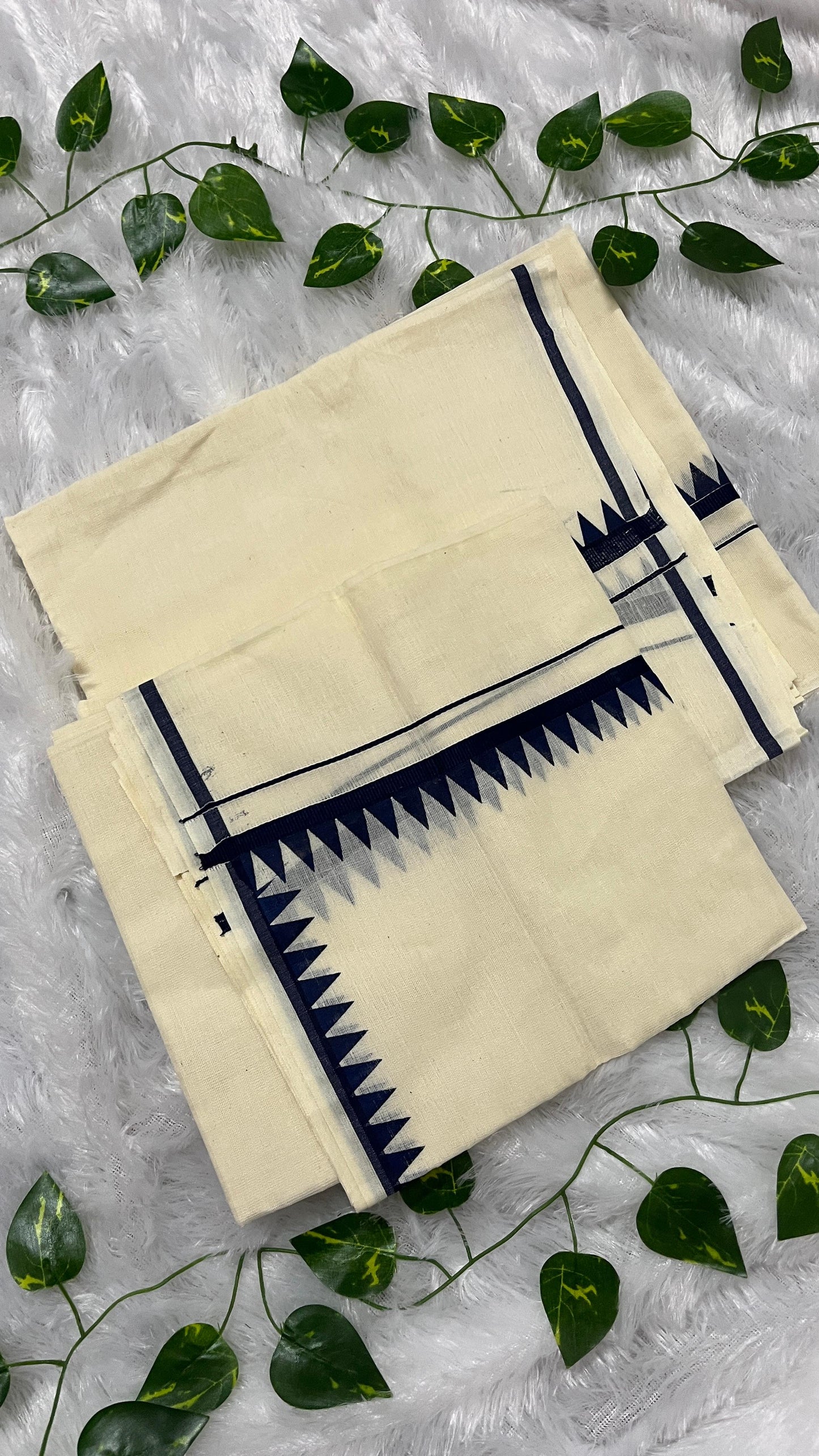 Kerala Set Mundu with Dark Blue Temple Border