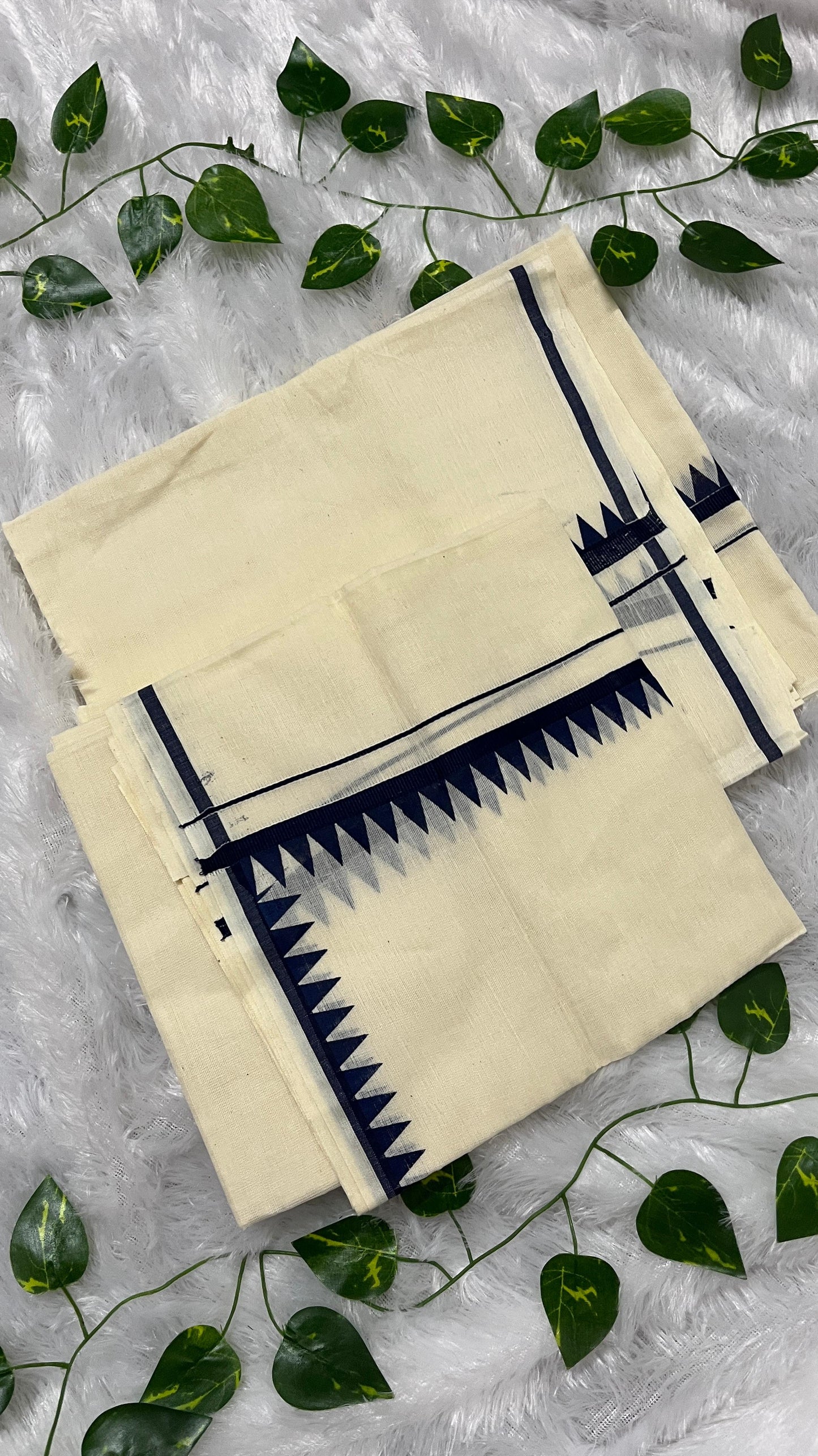 Kerala Set Mundu with Dark Blue Temple Border