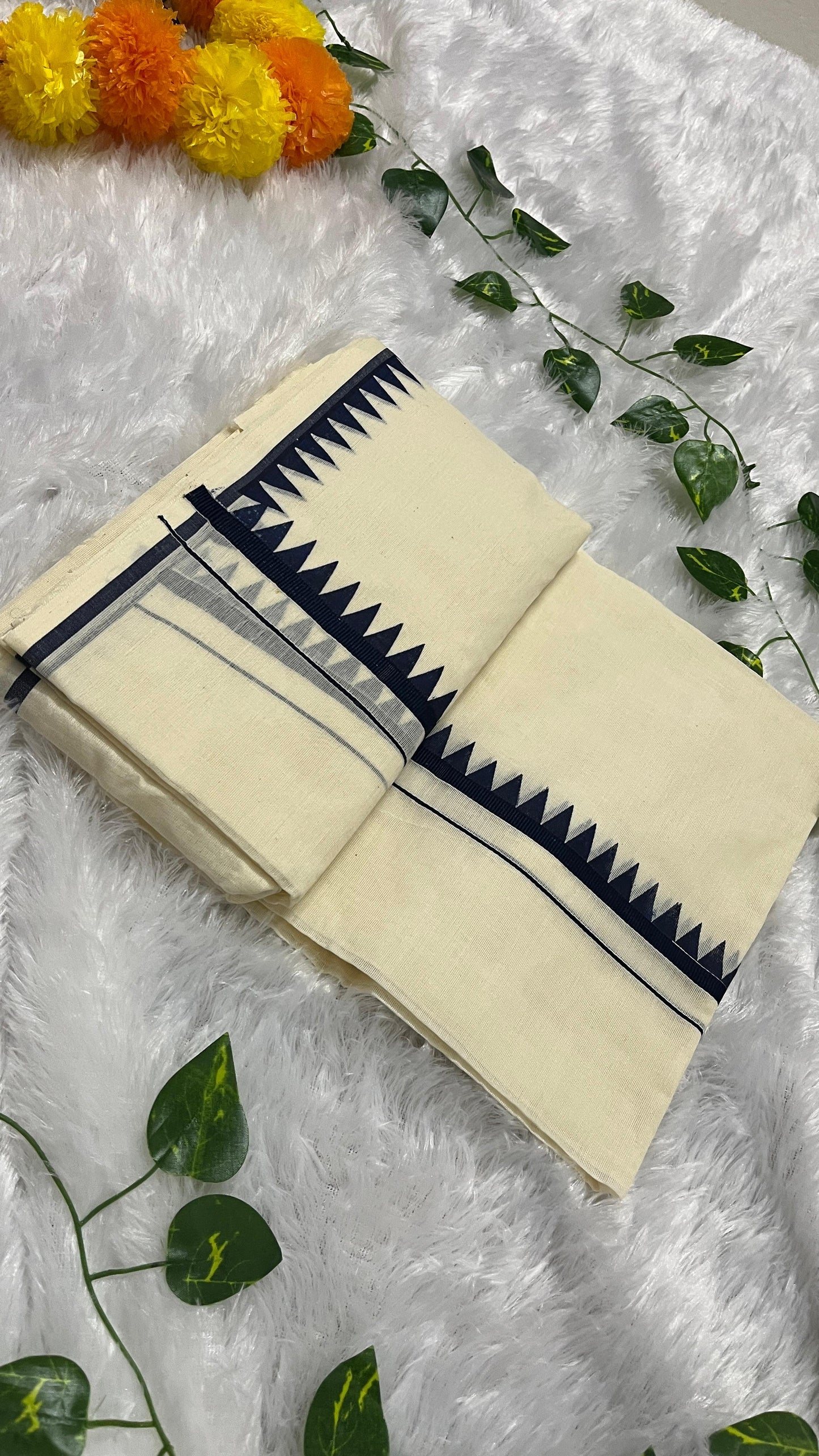 Kerala Set Mundu with Dark Blue Temple Border