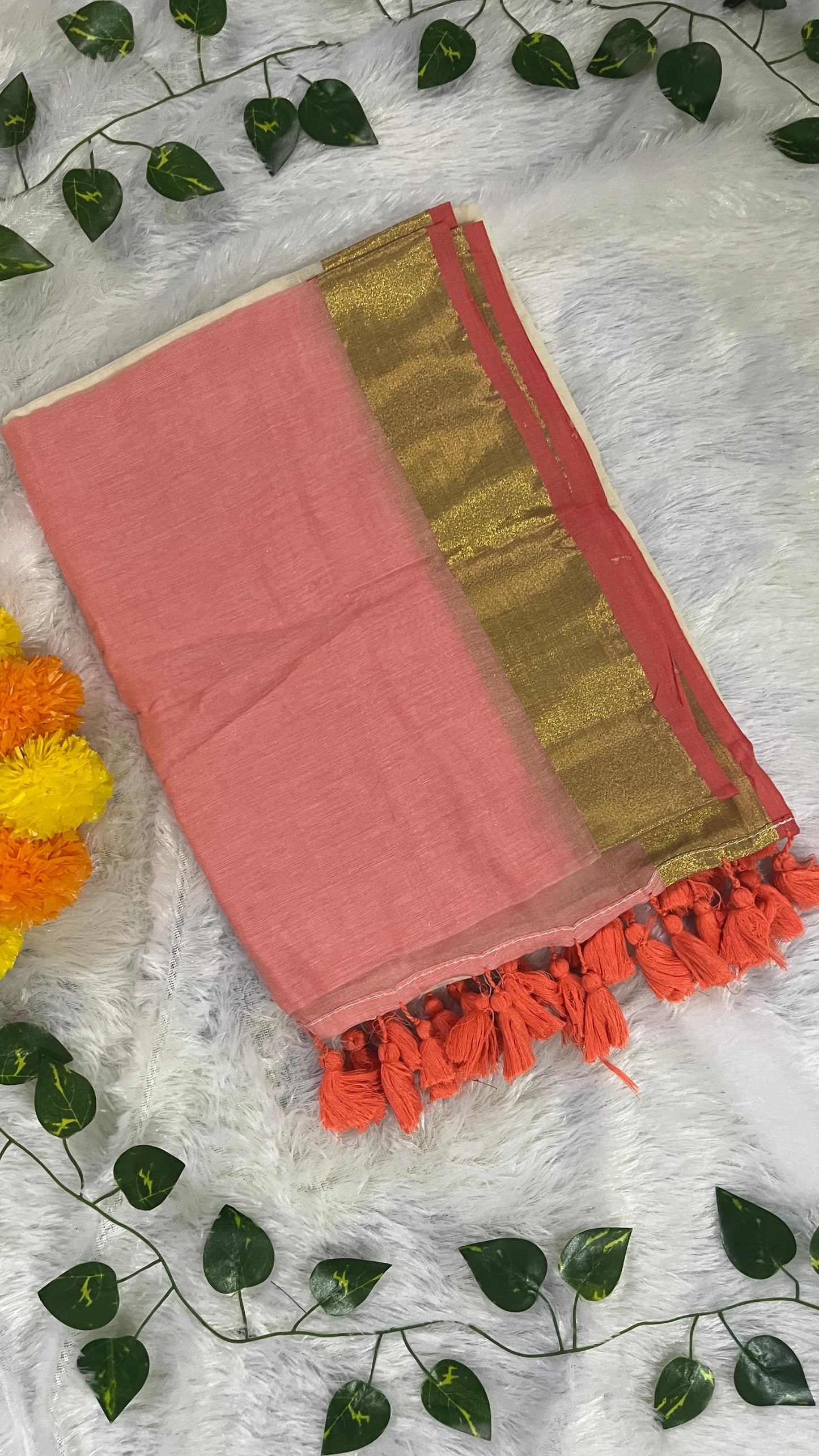 Pure Mul Cotton Peach Saree with Kasavu border