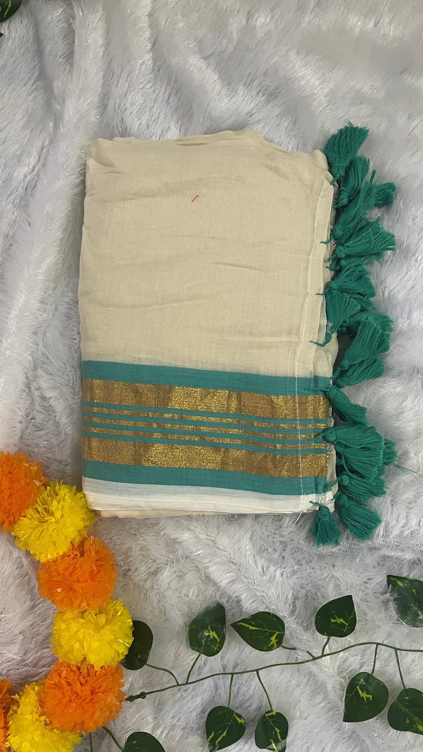 Pure Mul Cotton Saree with Kasavu & Turquoise blue border