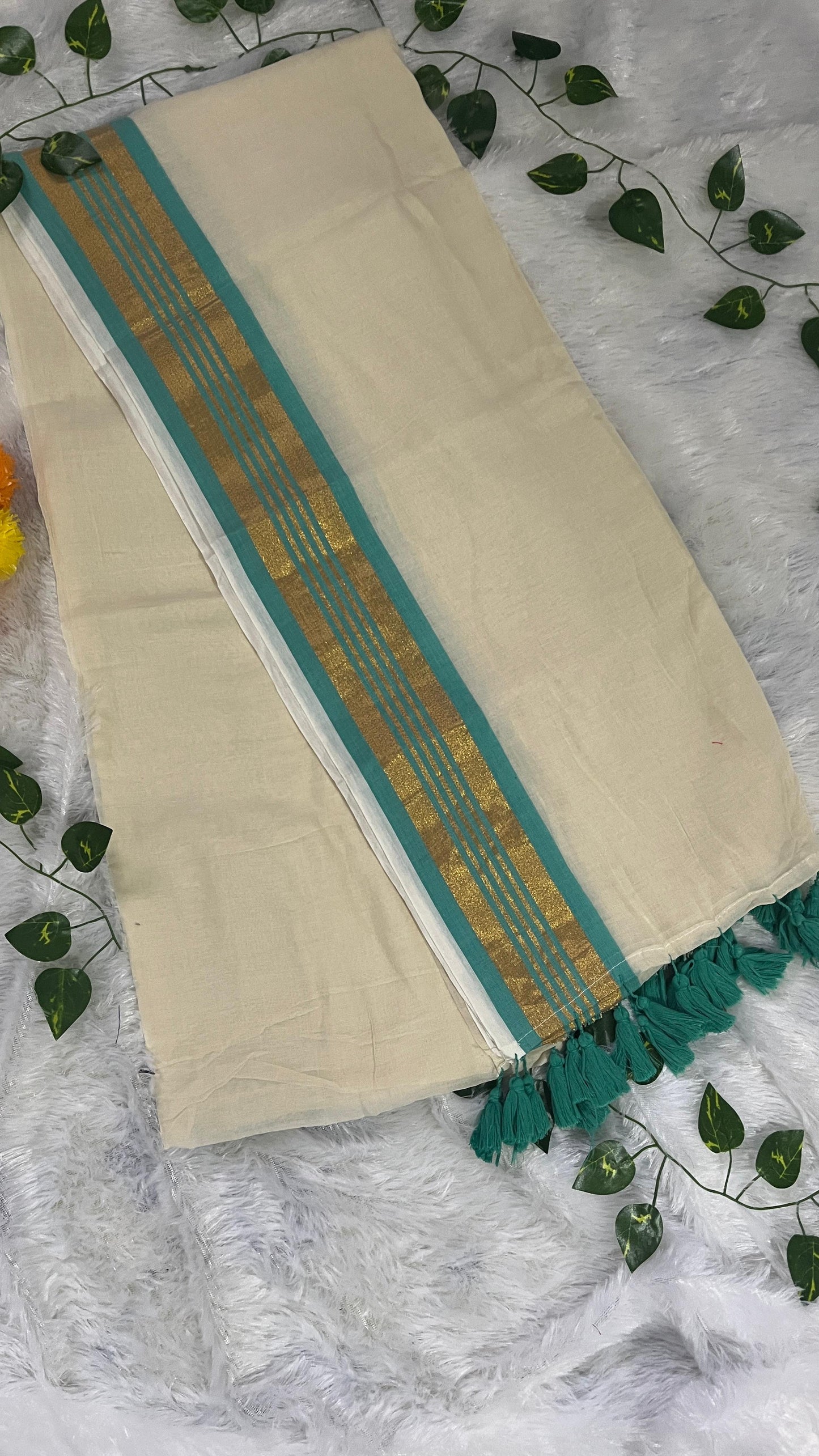 Pure Mul Cotton Saree with Kasavu & Turquoise blue border