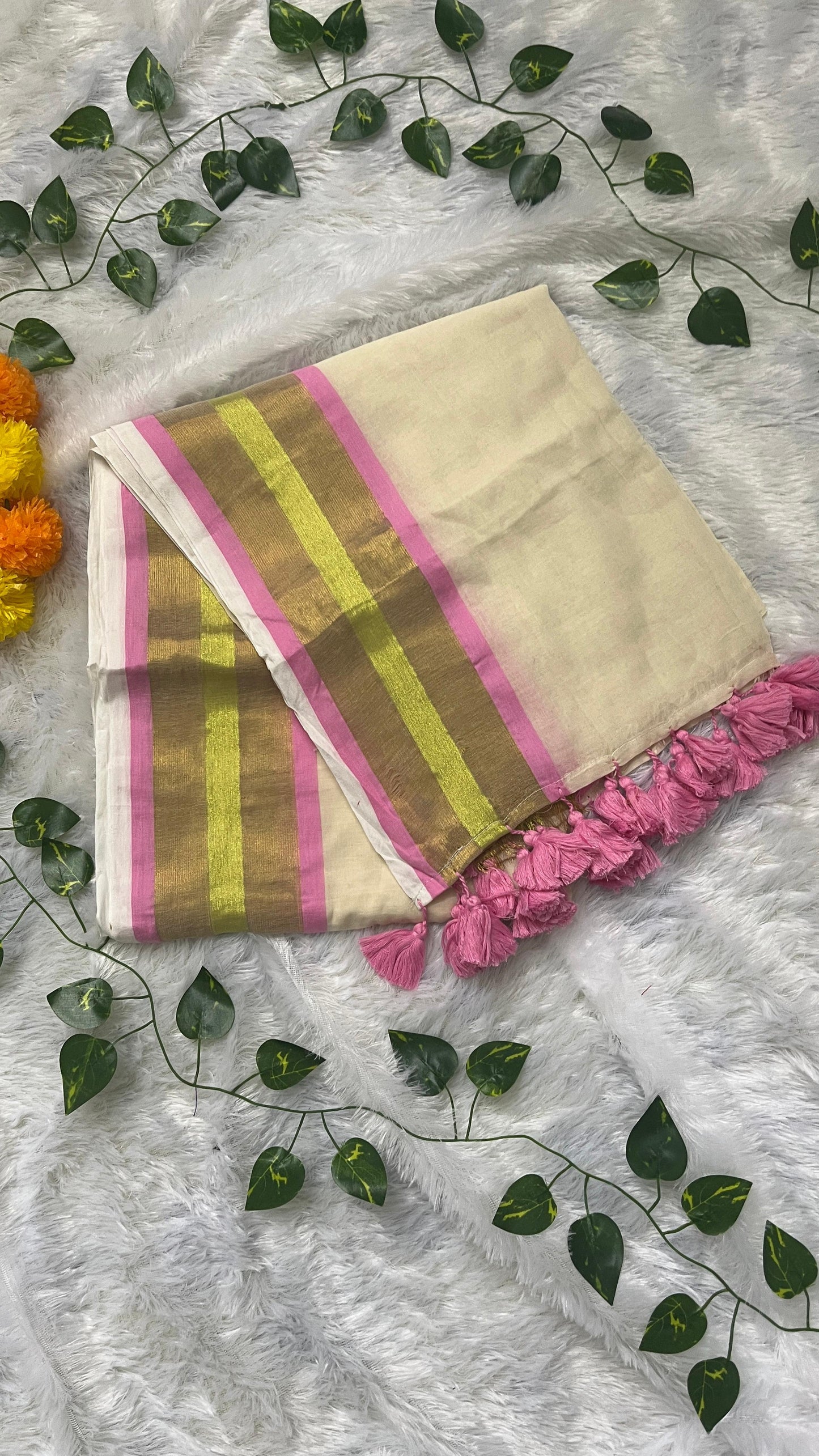 Pure Mul Cotton Pink Saree with Kasavu border