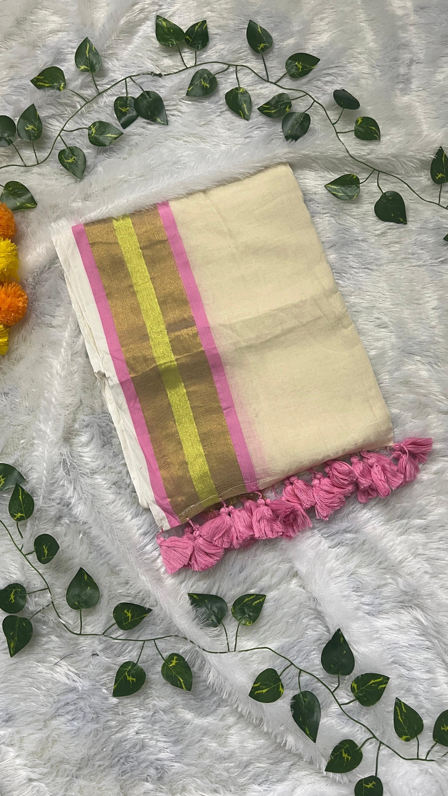 Pure Mul Cotton Pink Saree with Kasavu border