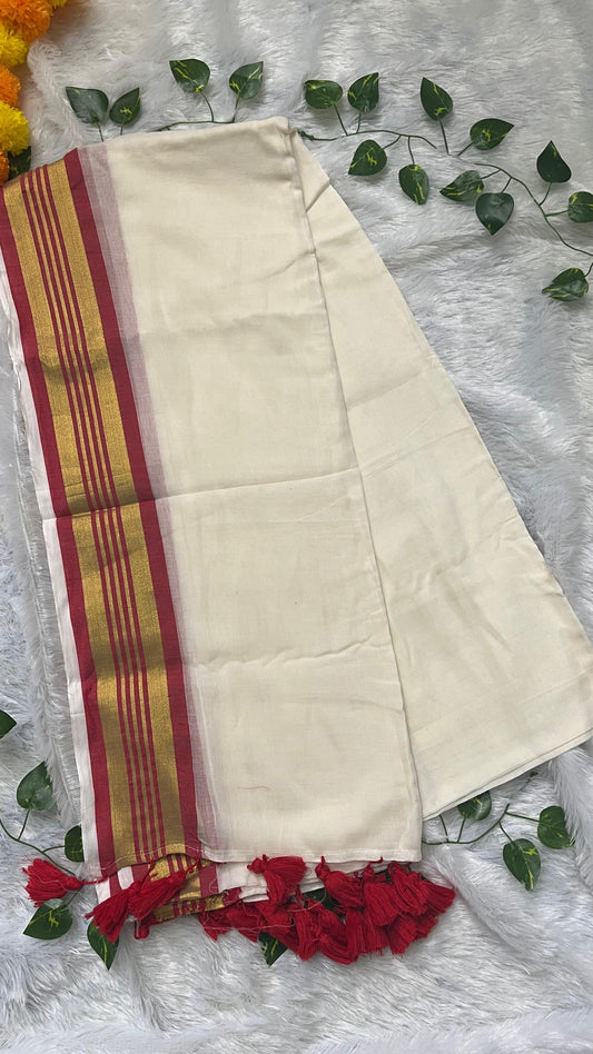 Pure Mul Cotton Saree with Kasavu & Red border