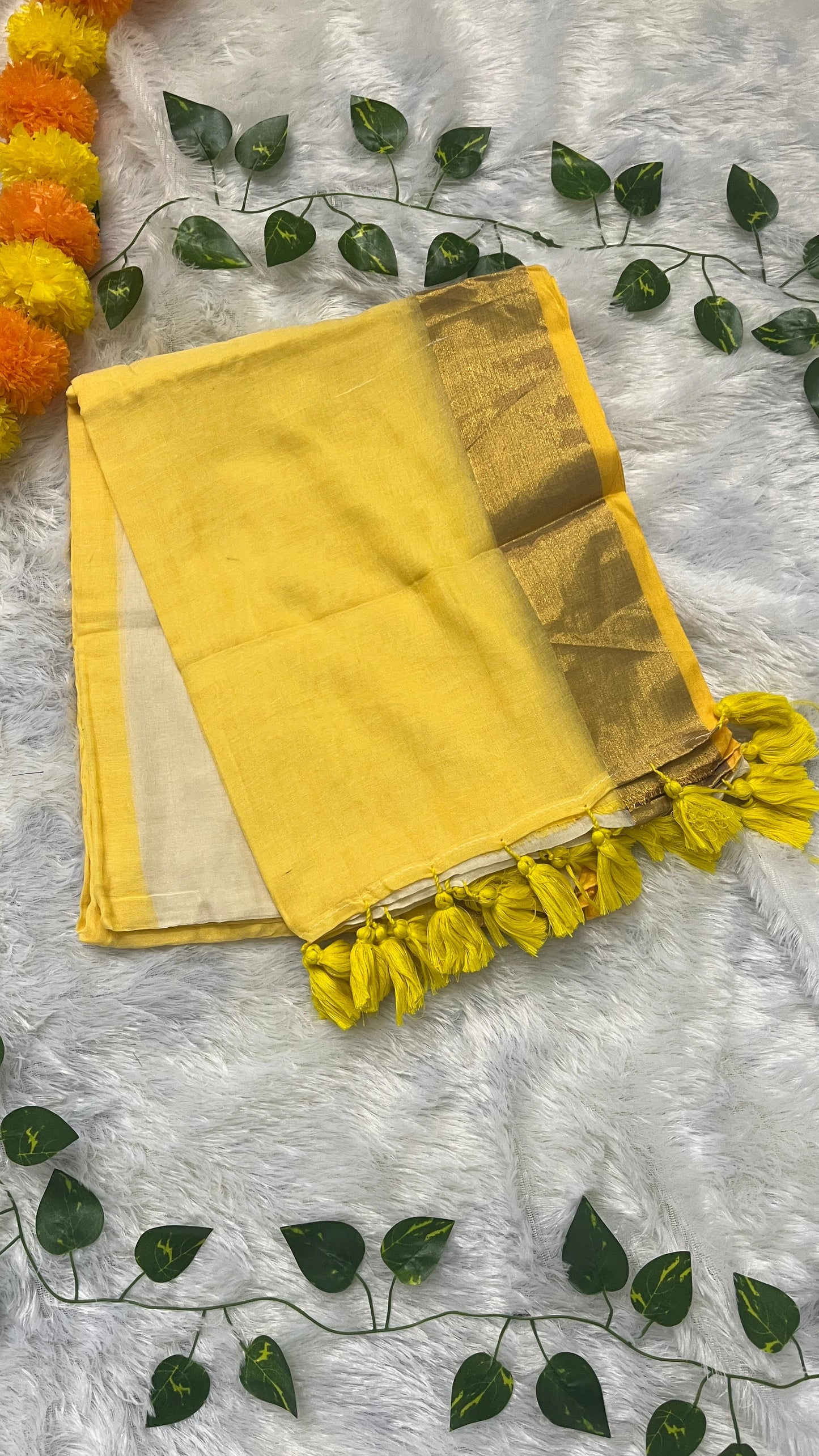 Pure Mul Cotton Yellow Saree with Kasavu border