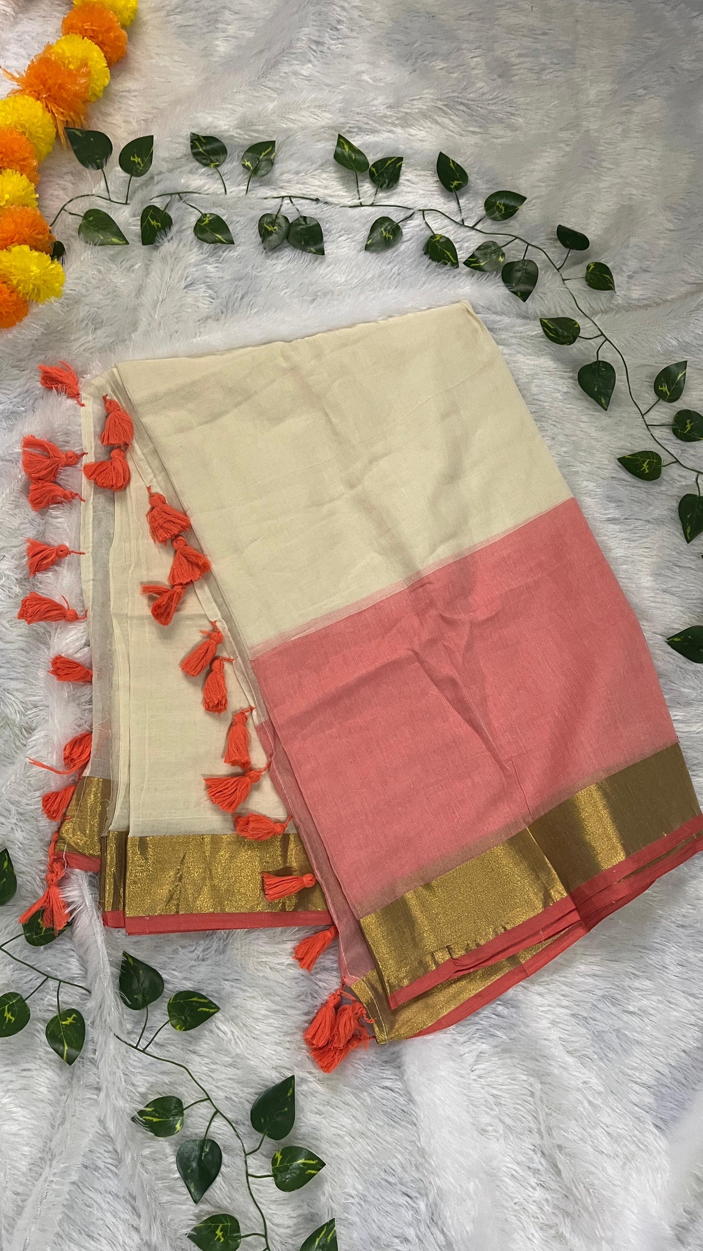 Pure Mul Cotton Peach Saree with Kasavu border