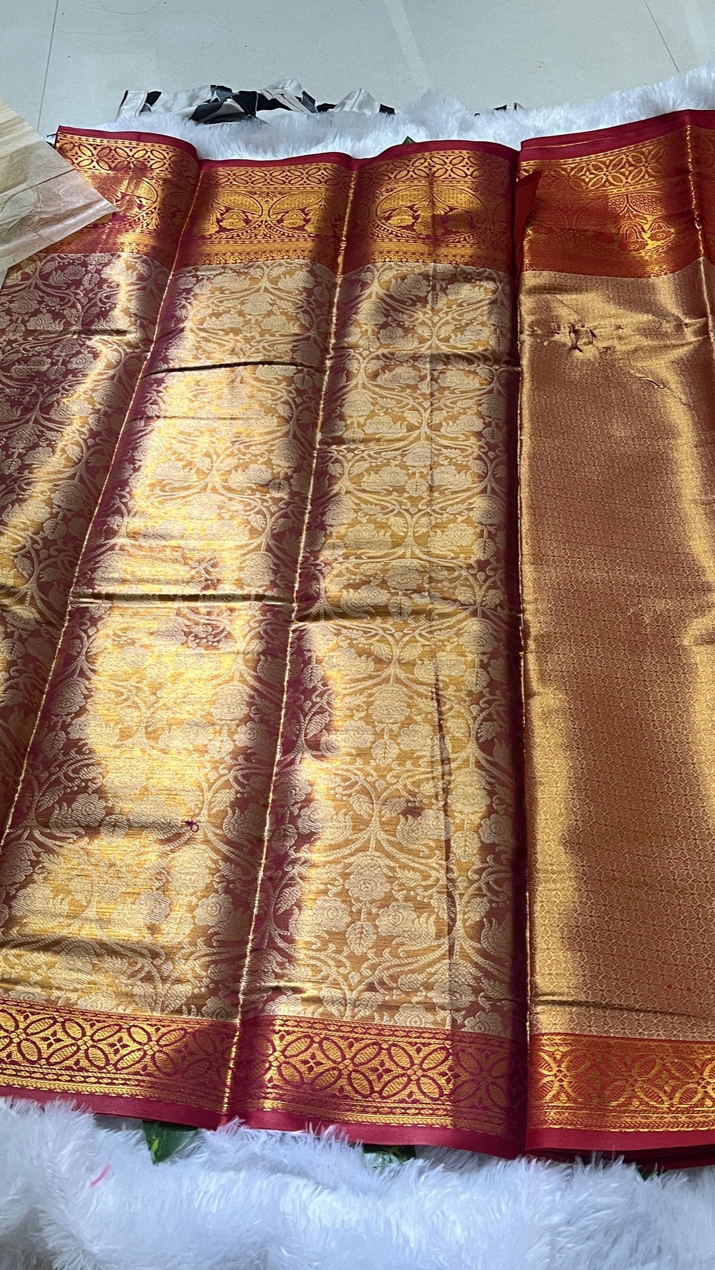 Gold & Red Semi Kanjivaram Saree with Red Border