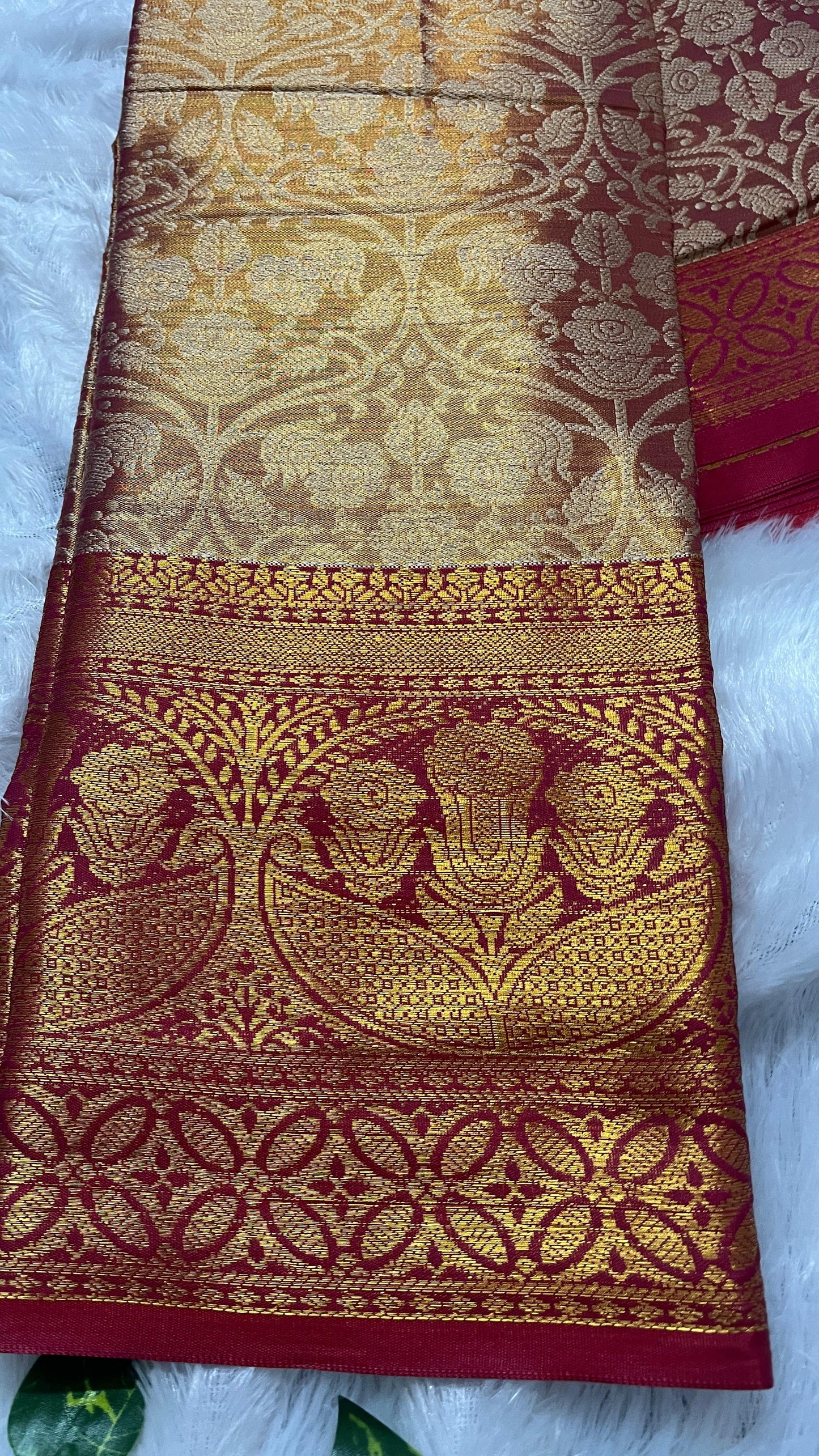 Gold & Red Semi Kanjivaram Saree with Red Border