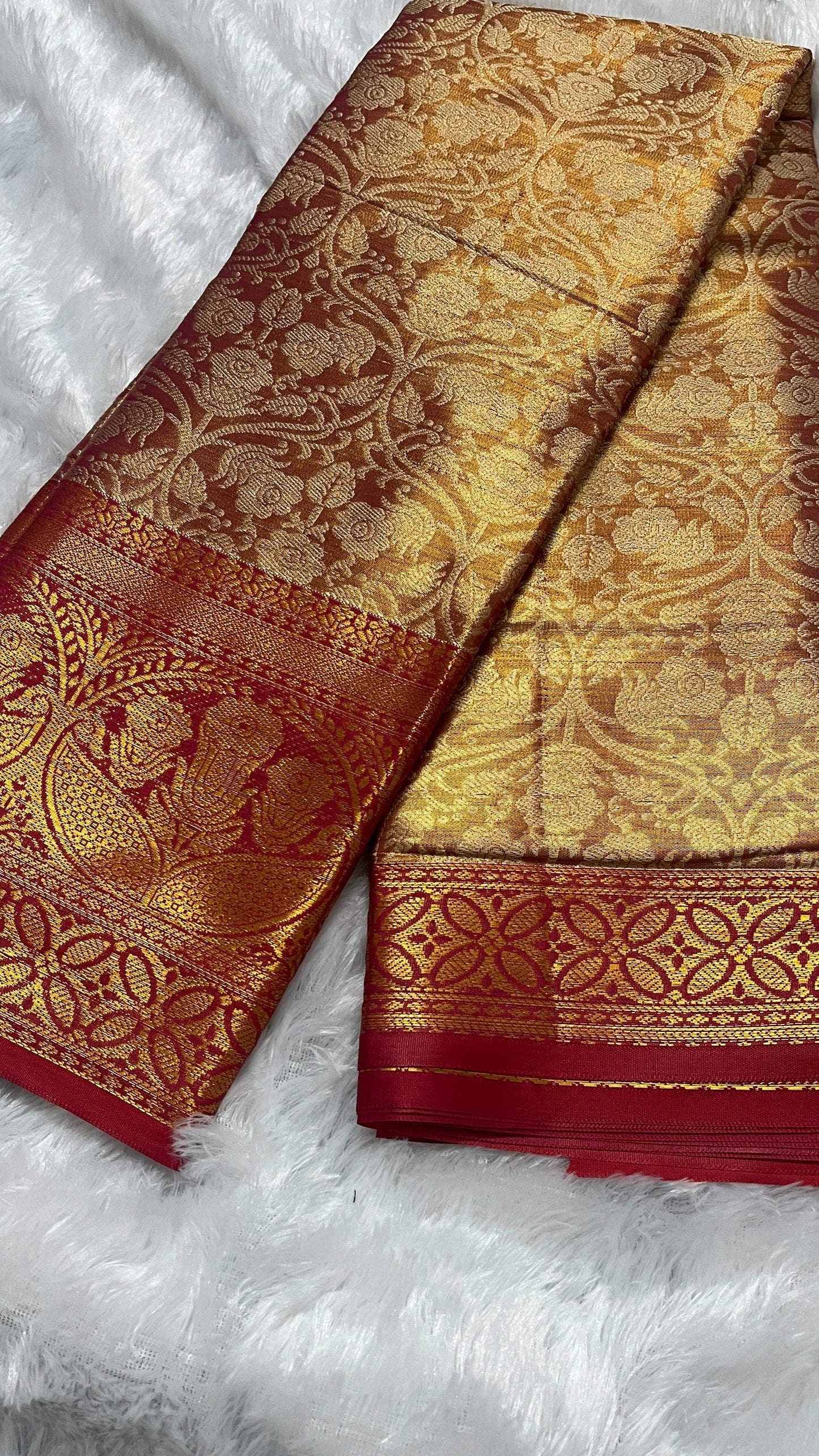 Gold & Red Semi Kanjivaram Saree with Red Border