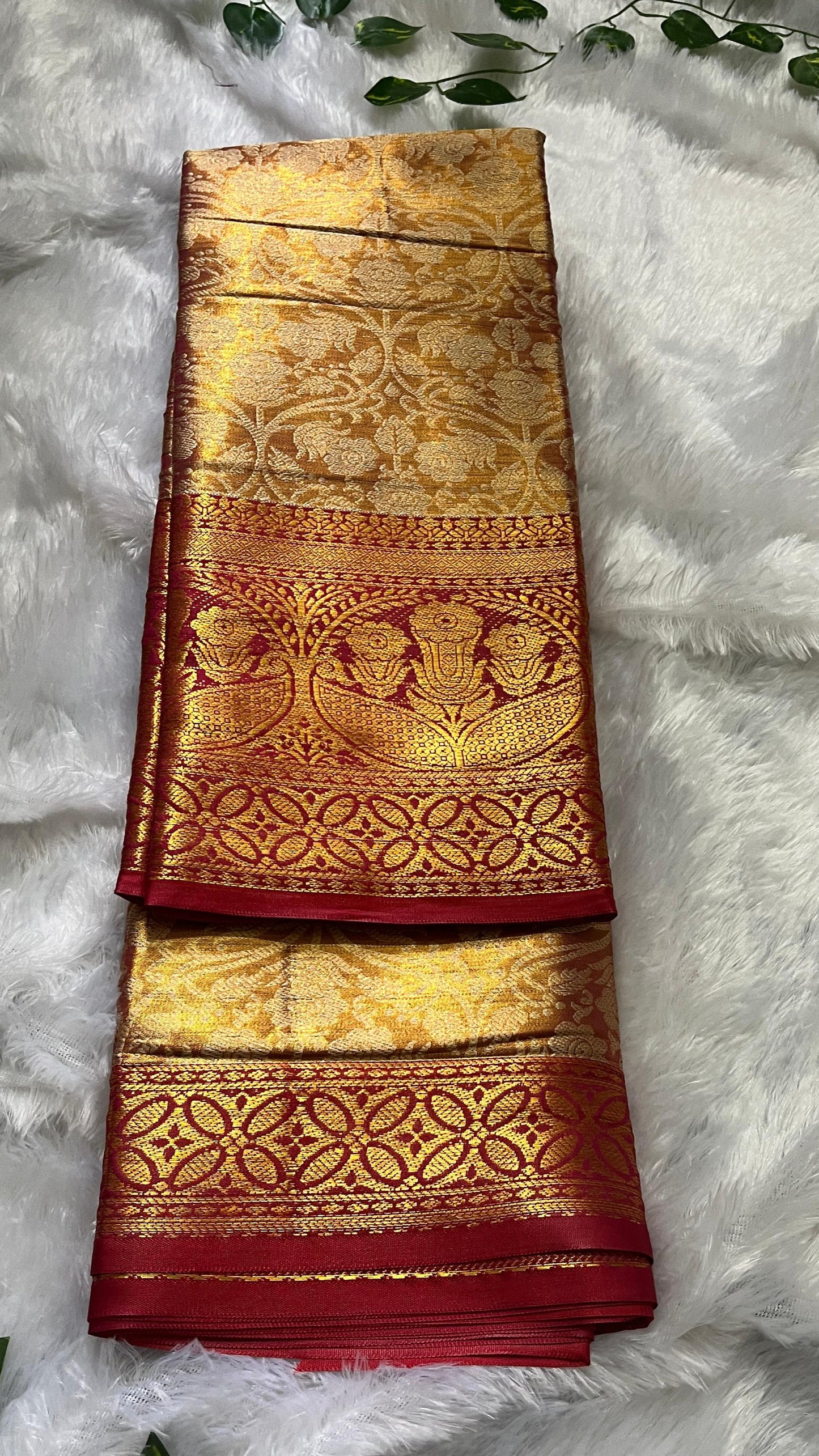 Gold & Red Semi Kanjivaram Saree with Red Border
