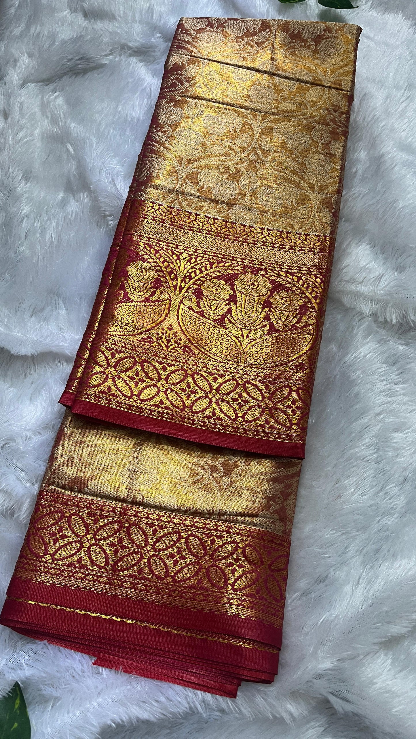 Gold & Red Semi Kanjivaram Saree with Red Border