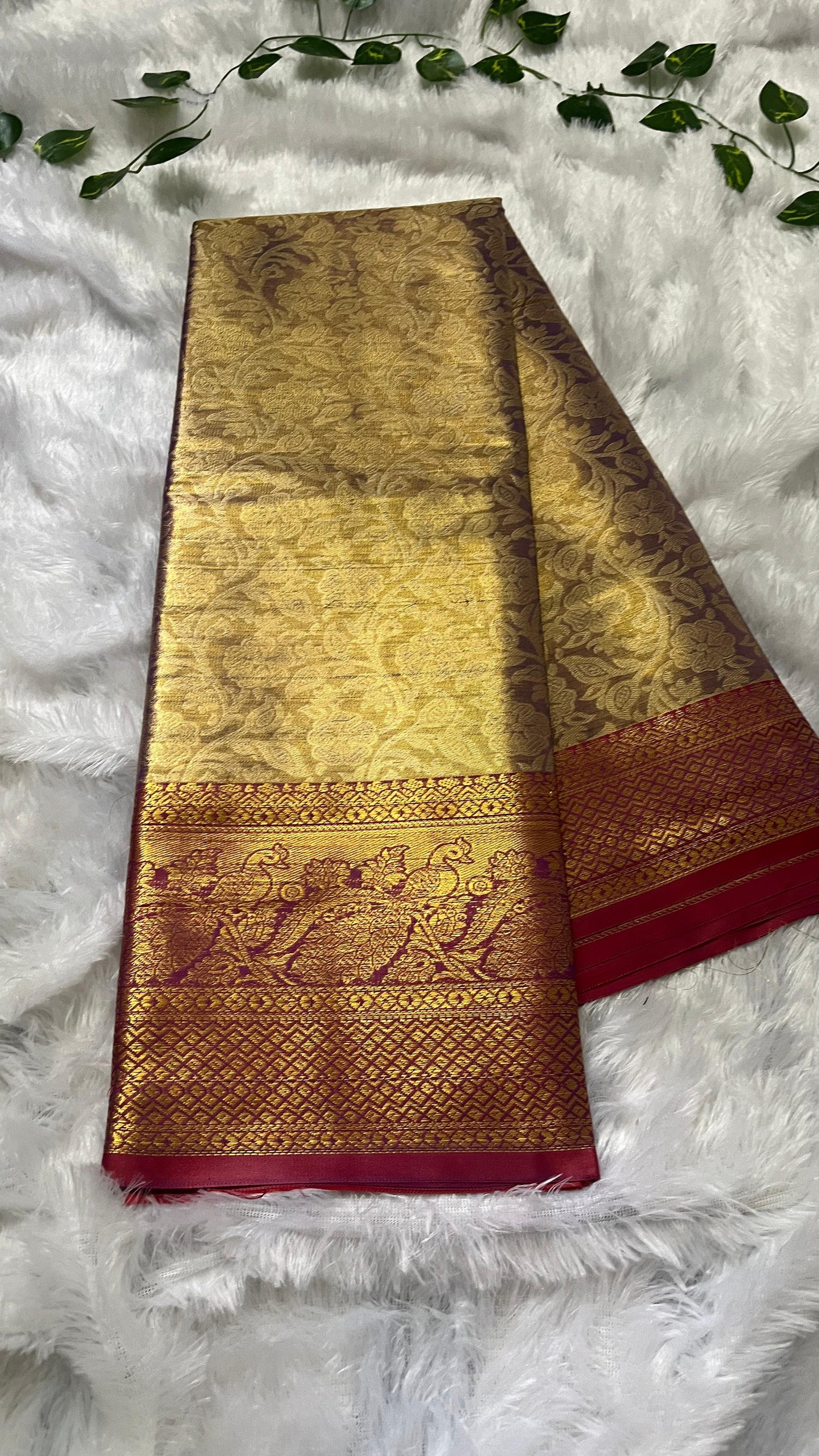 Gold & Blue Semi Kanjivaram Saree with Red Border
