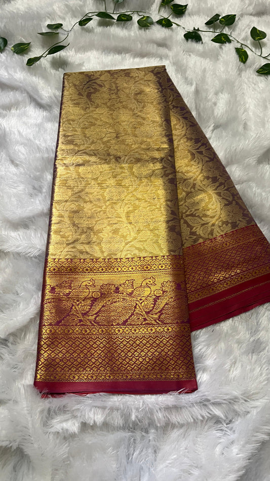 Gold & Blue Semi Kanjivaram Saree with Red Border