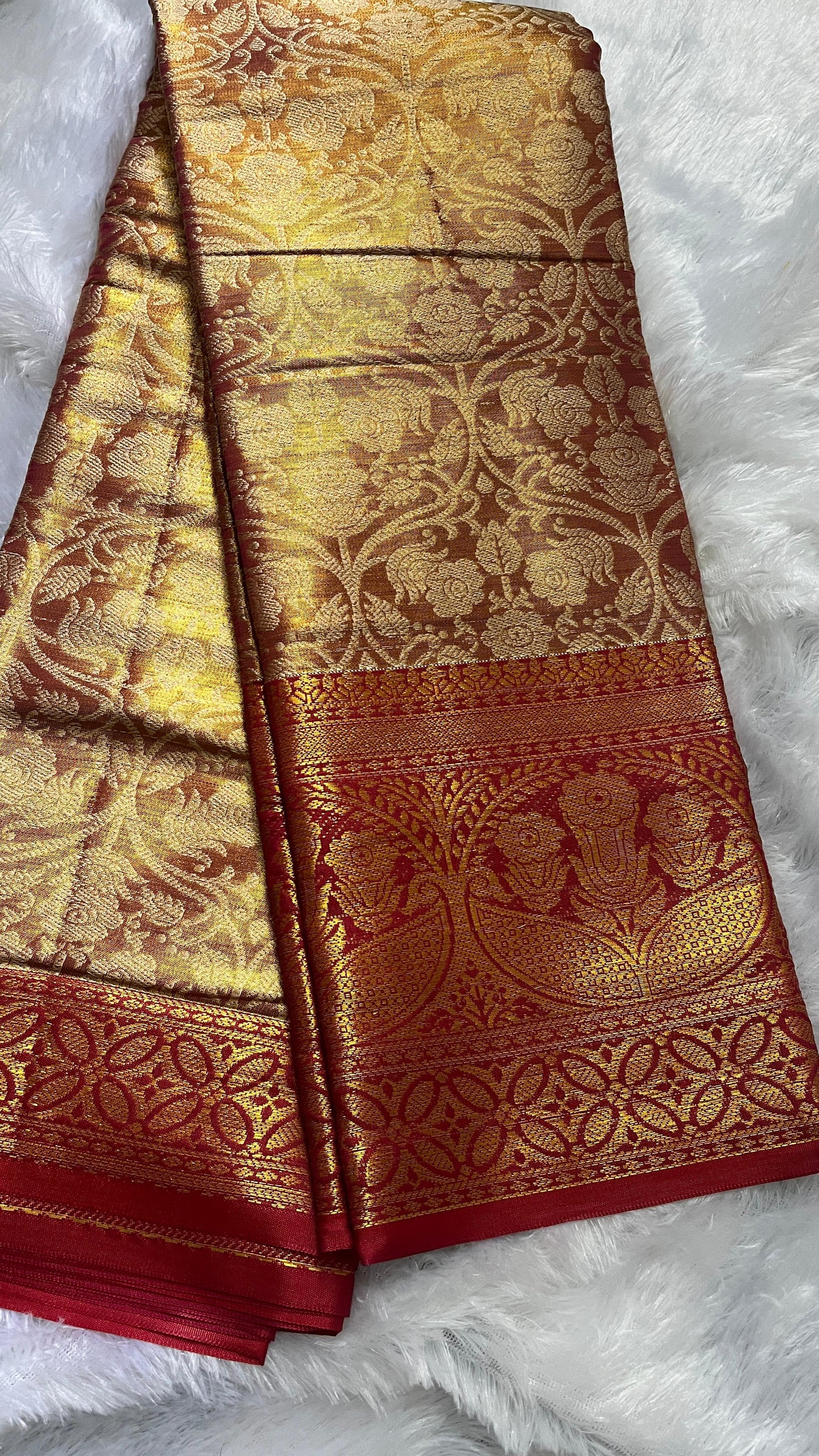 Gold & Red Semi Kanjivaram Saree with Red Border