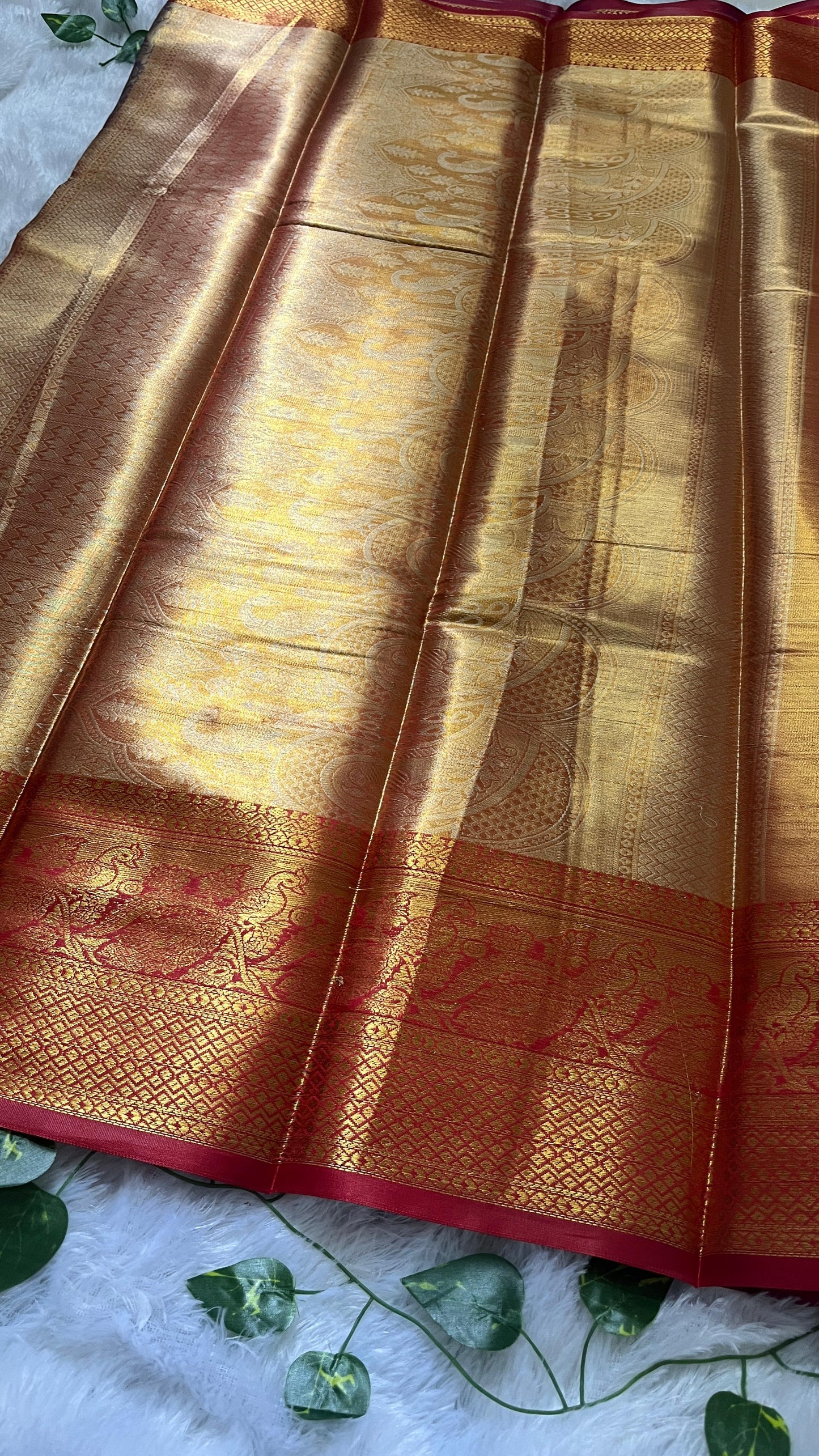 Gold & Blue Semi Kanjivaram Saree with Red Border