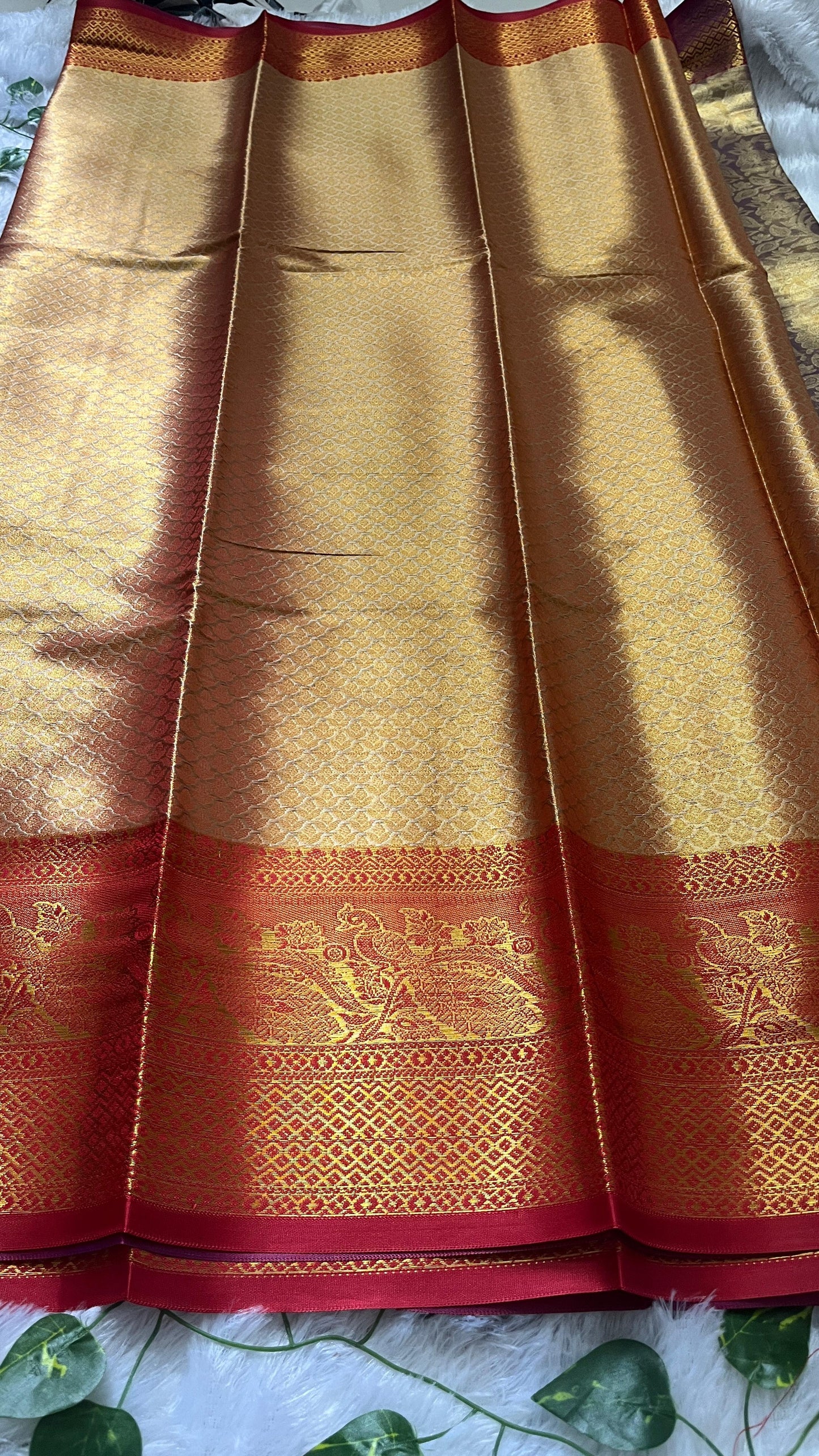 Gold & Blue Semi Kanjivaram Saree with Red Border