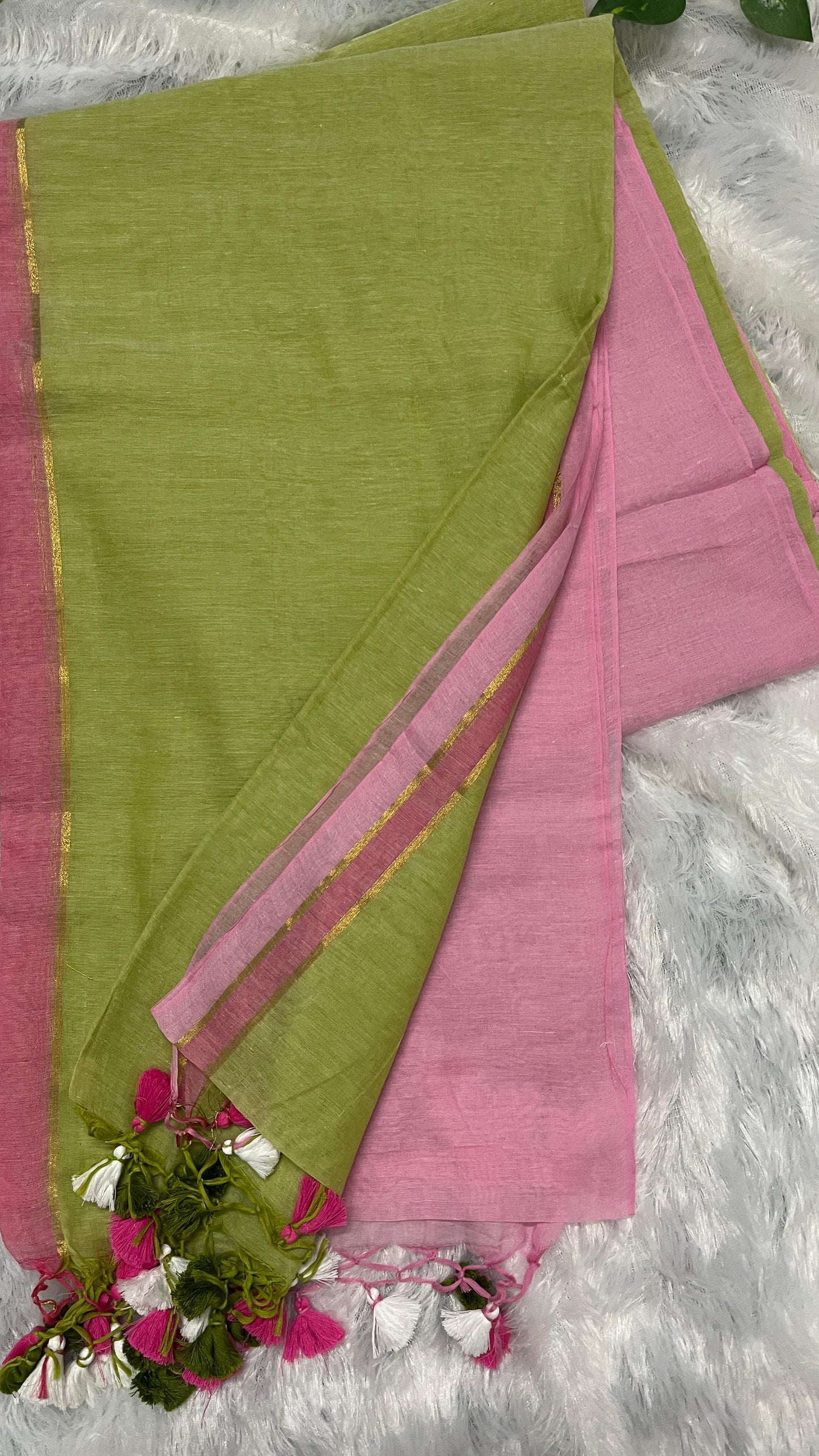 Mul Cotton Light Green- Pink Combo Saree with Tussels