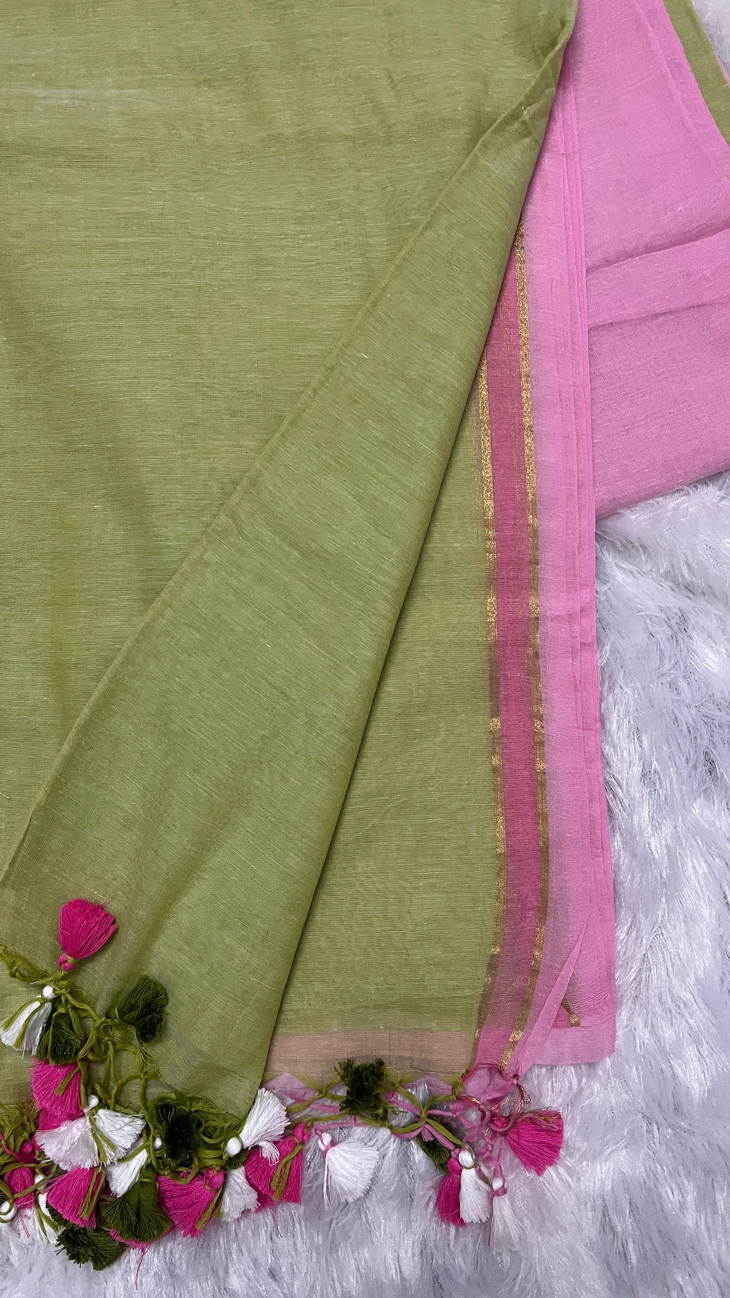 Mul Cotton Light Green- Pink Combo Saree with Tussels