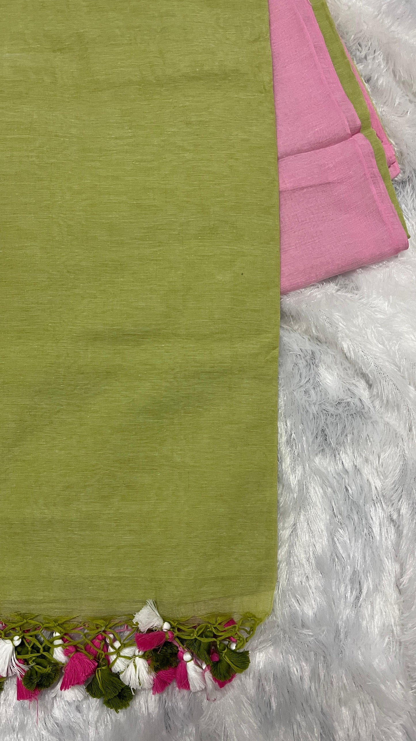 Mul Cotton Light Green- Pink Combo Saree with Tussels