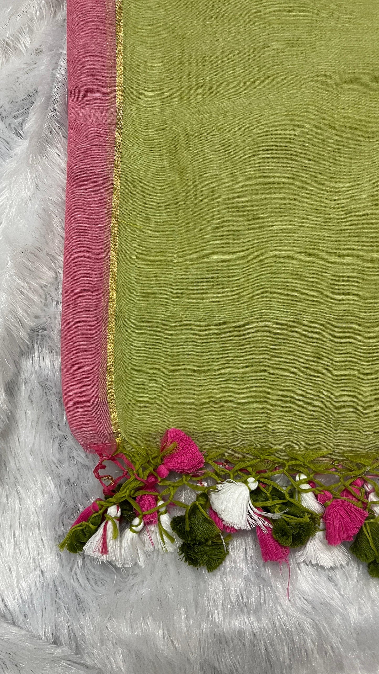 Mul Cotton Light Green- Pink Combo Saree with Tussels