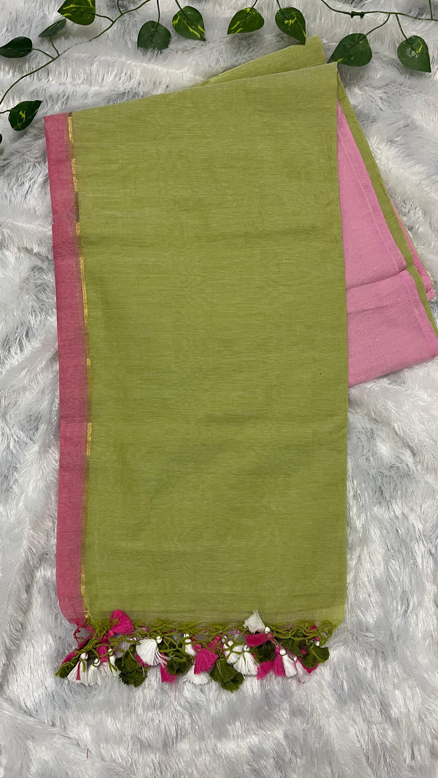 Mul Cotton Light Green- Pink Combo Saree with Tussels