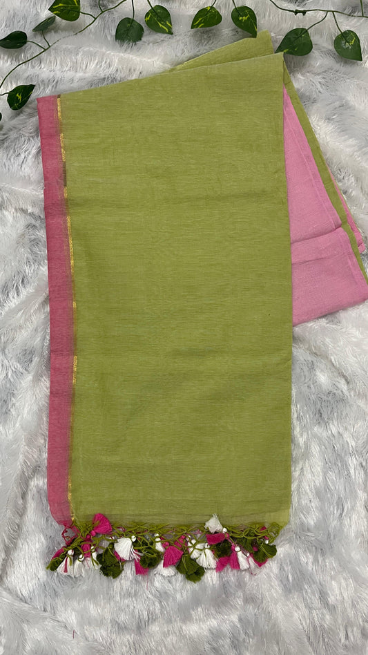 Mul Cotton Light Green- Pink Combo Saree with Tussels